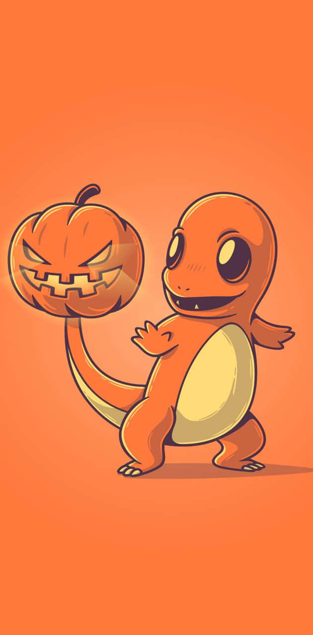 Cute Charmander 桌布 壁紙 — 一隻開心的橙色小火龍拿著一個咧嘴笑的傑克南瓜燈，背景是純橙色。