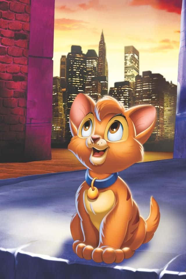 oliver and company 桌布 壁紙 — 一隻開心的橙色小貓，有大眼睛，坐在窗台上俯瞰夕陽下發光的城市天際線。