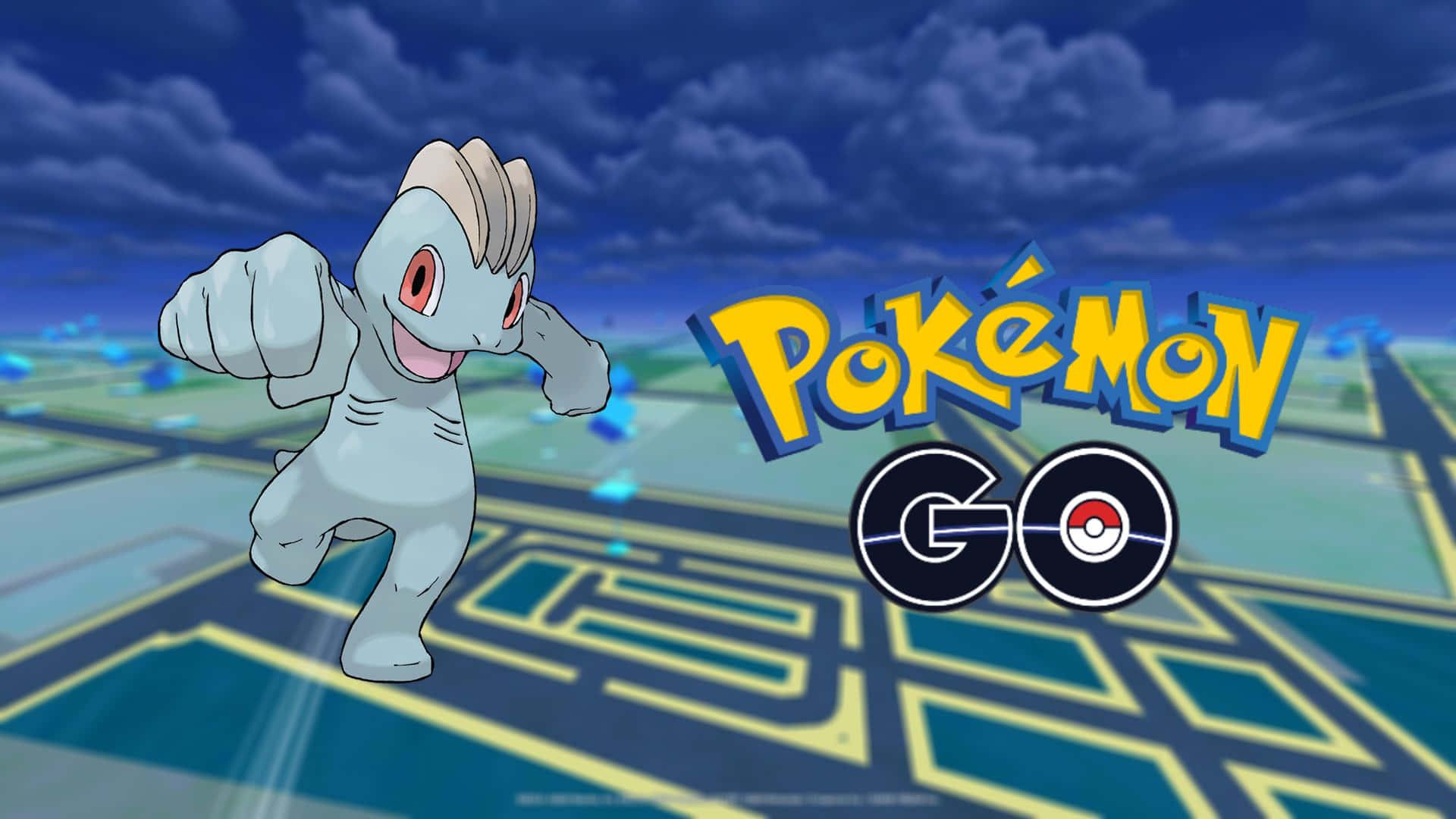 任天堂 桌布 壁紙 — 一隻開心的水躍魚站在發光的地圖上，Pokemon GO 標誌在陰天天空下。