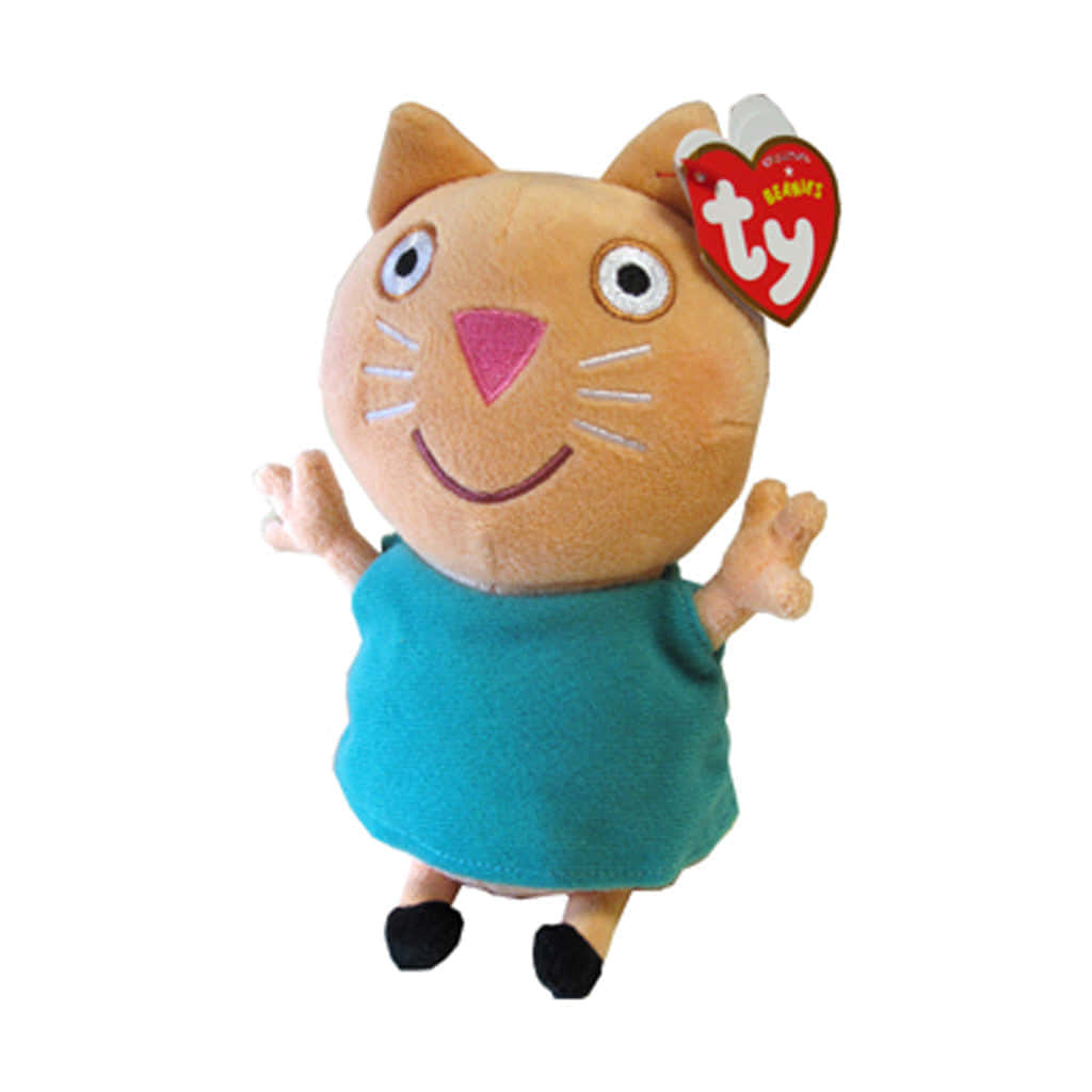 Candy Cat 桌布 壁紙 — 一隻開心的淺褐色Ty Beanie Baby貓毛絨玩具，穿著青綠色連衣裙，雙臂舉起，背景為白色。