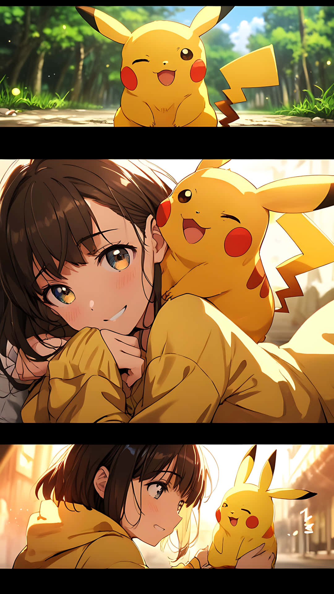 Pikachu's Magical Mood Board - Cute and Electrifying. smartphone wallpaper 壁紙 — 一隻開心的皮卡丘和一個微笑的女孩在陽光普照的森林和城市場景中分享溫暖、親密的時刻。