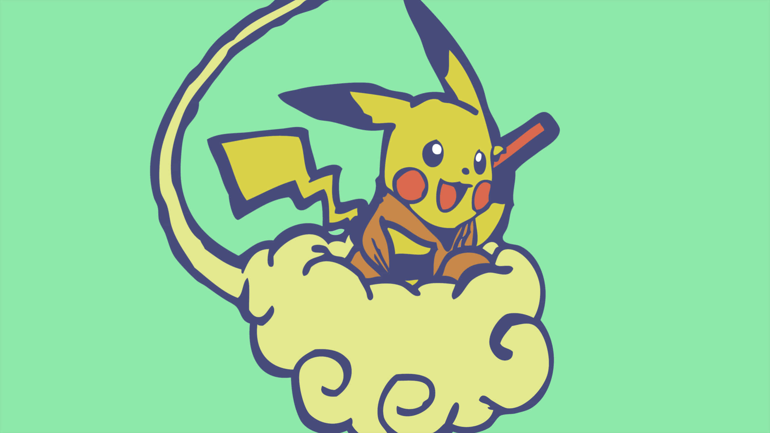 Pokemon Characters 桌布 壁紙 — 一隻開心的皮卡丘坐在蓬鬆的黃色雲朵上，背景是薄荷綠色，並有粗黑的輪廓線。