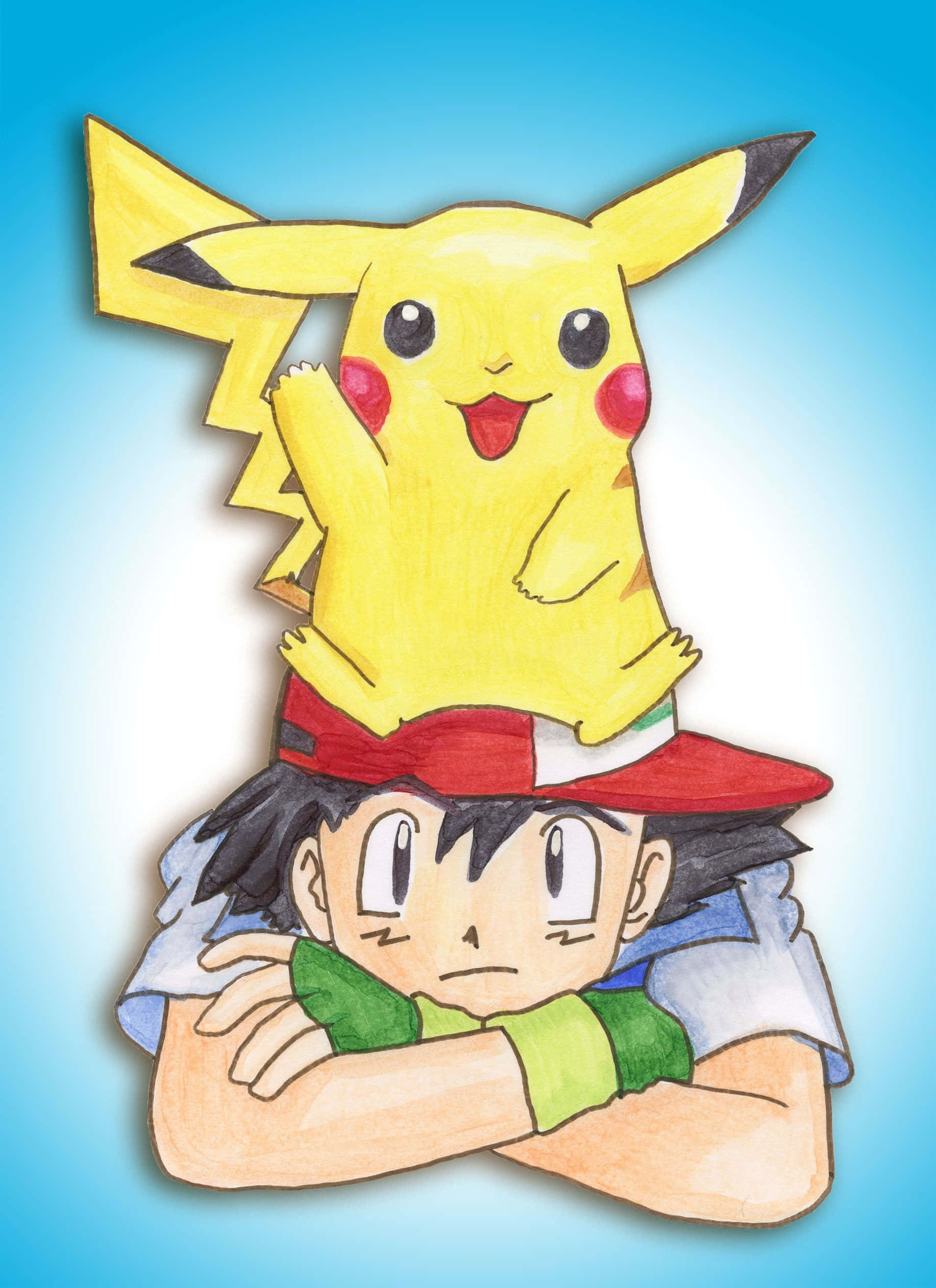 Ash And Pikachu 桌布 壁紙 — 一隻開心的皮卡丘站在小智的頭上，背景是柔和的藍色漸層。