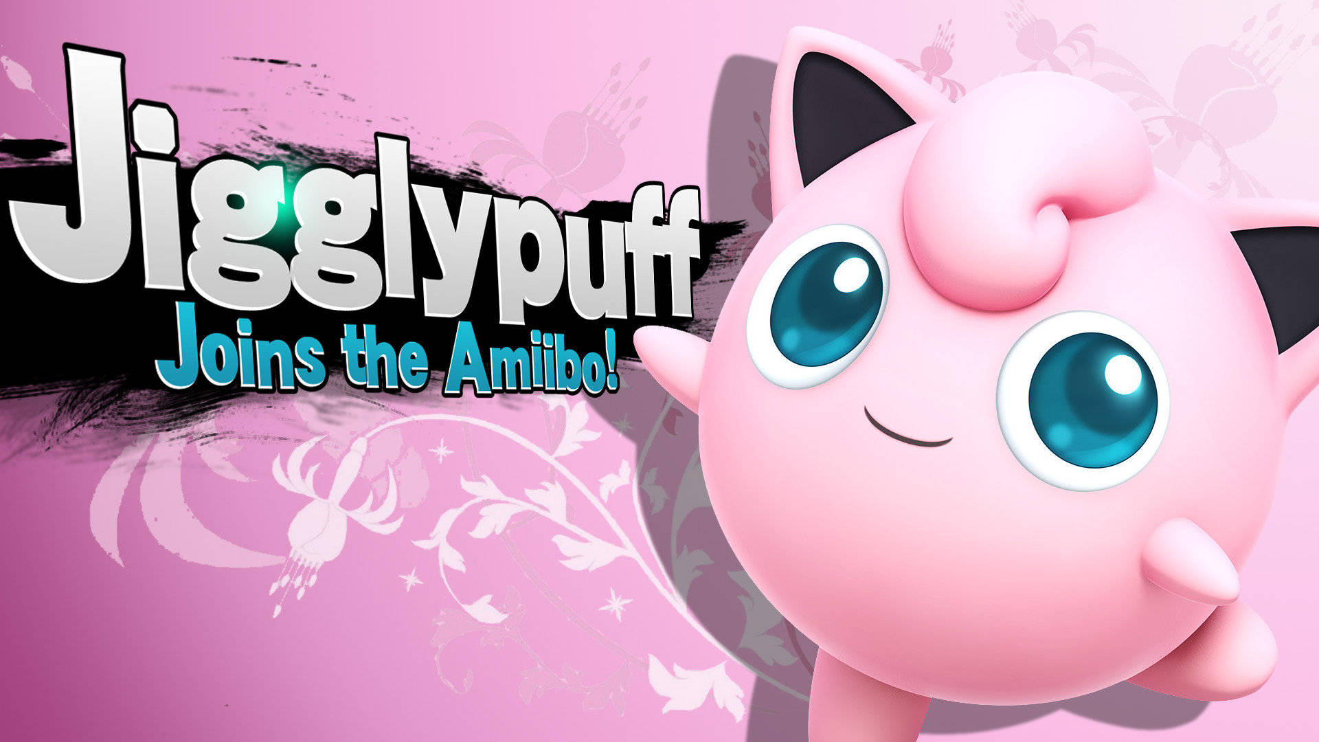 Jigglypuff 桌布 壁紙 — 一隻開心的粉紅色Jigglypuff，有大藍眼睛，在充滿活力的粉紅色背景上微笑，背景有花卉漩渦和粗體文字宣布其Amiibo發售。