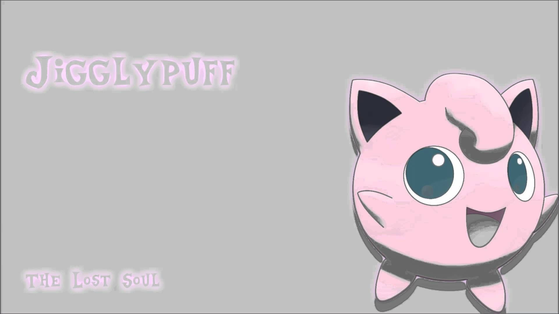胖丁 桌布 壁紙 — 一隻開心的粉紅色Jigglypuff，有大藍眼睛和寬闊笑容，漂浮在純灰色背景前。