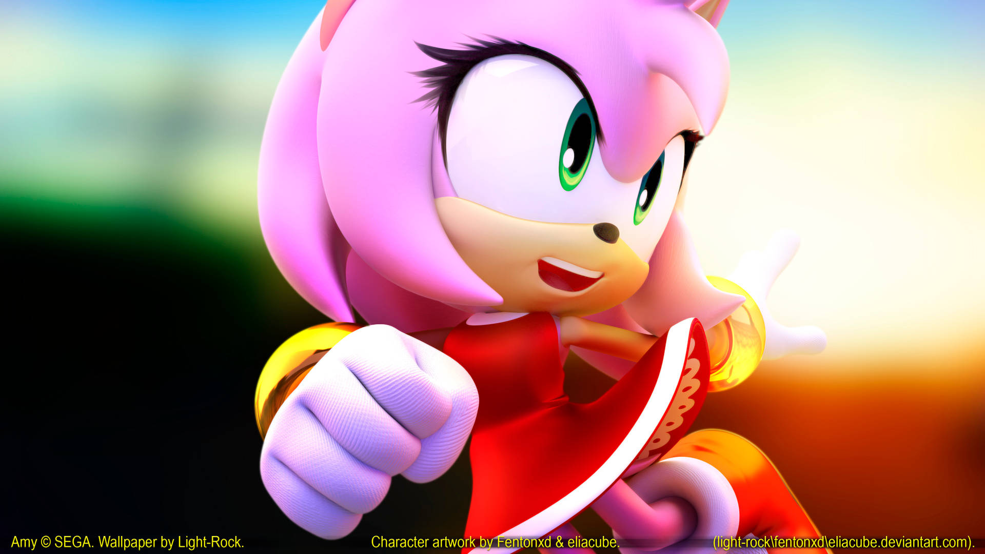 Amy Rose 桌布 壁紙 — 一隻開心的粉紅色刺蝟，有綠色眼睛和紅色連衣裙，在充滿活力的日落天空下自信地微笑。