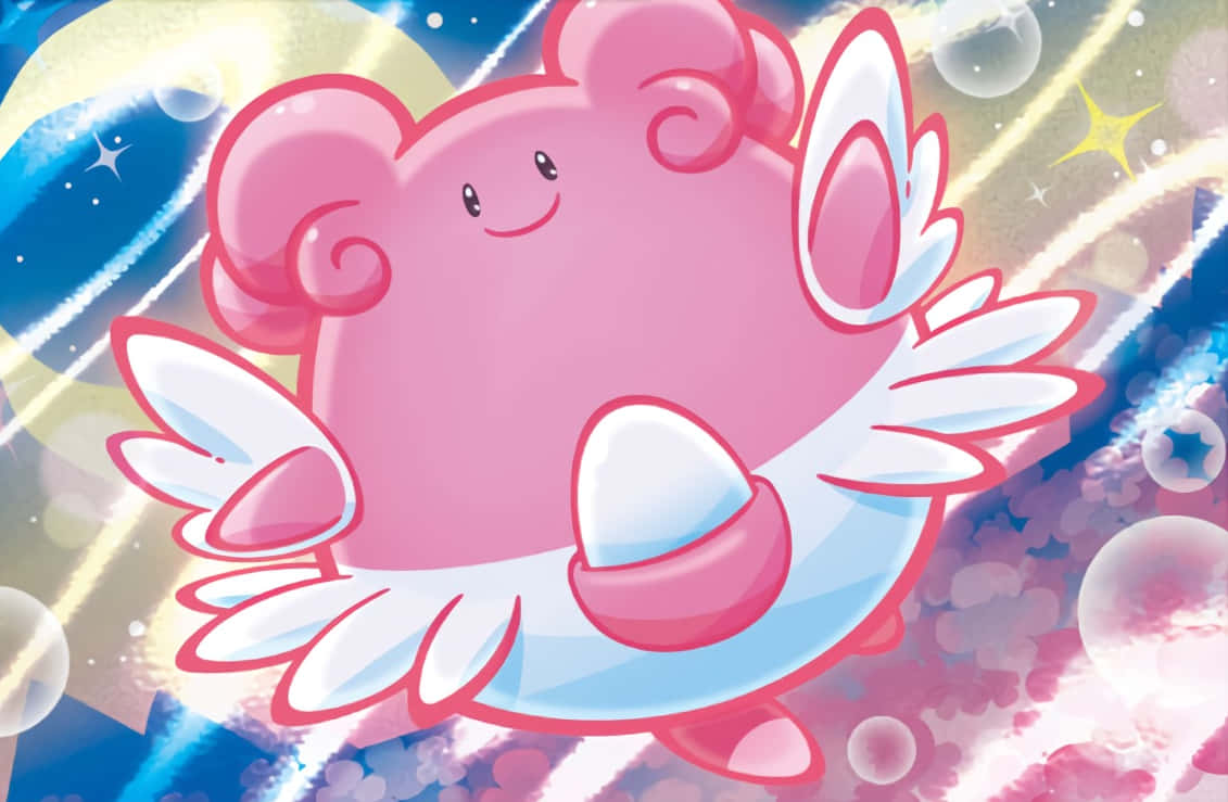 Pokemon Landscape 桌布 壁紙 — 一隻開心的粉紅色動畫風格寶可夢，擁有白色翅膀，在閃爍星星和發光泡泡中漂浮於充滿活力的宇宙背景中。
