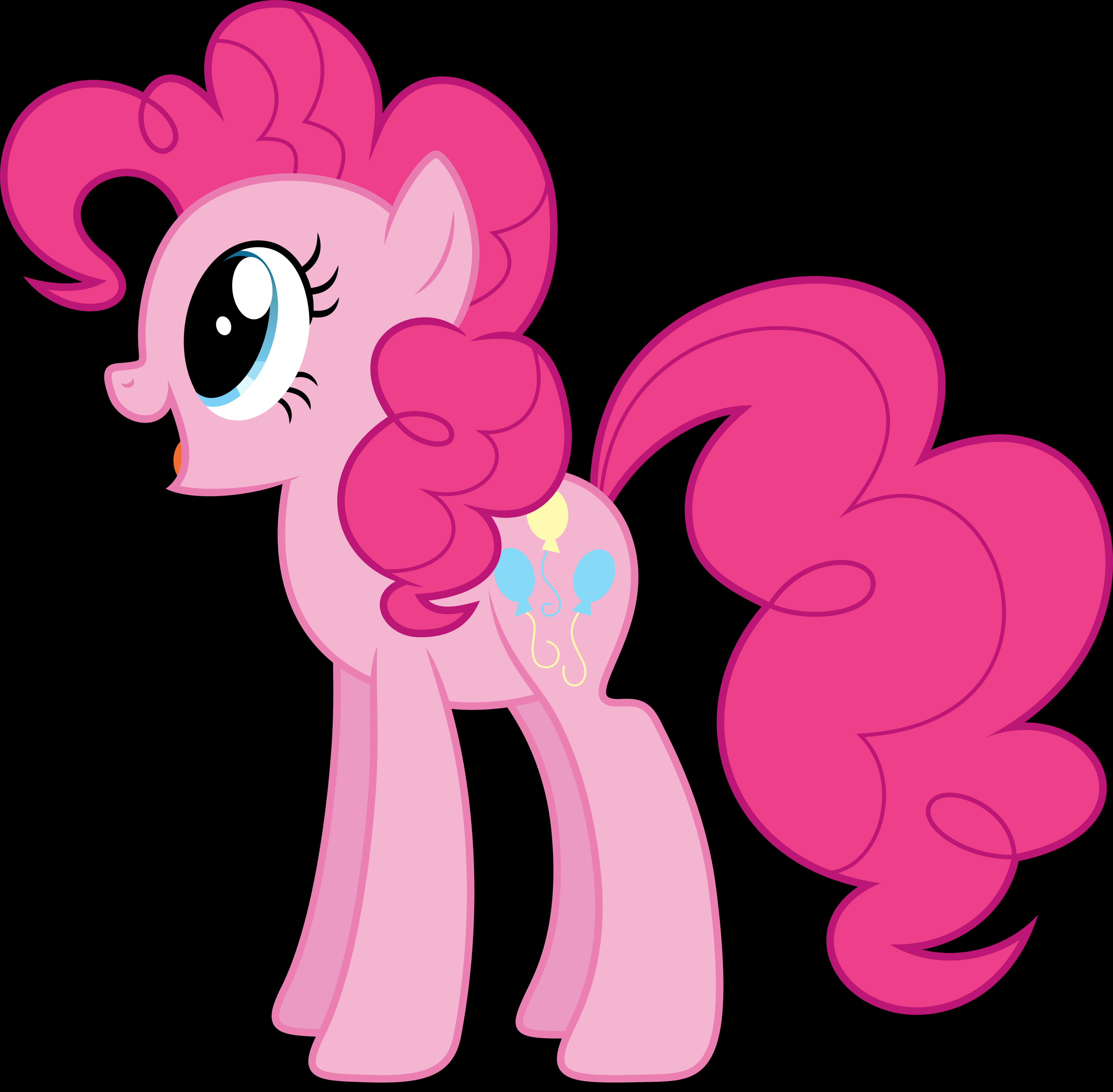 pinkie pie 桌布 壁紙 — 一隻開心的粉紅色卡通小馬，有捲曲的鬃毛和尾巴，站在黑色背景前。