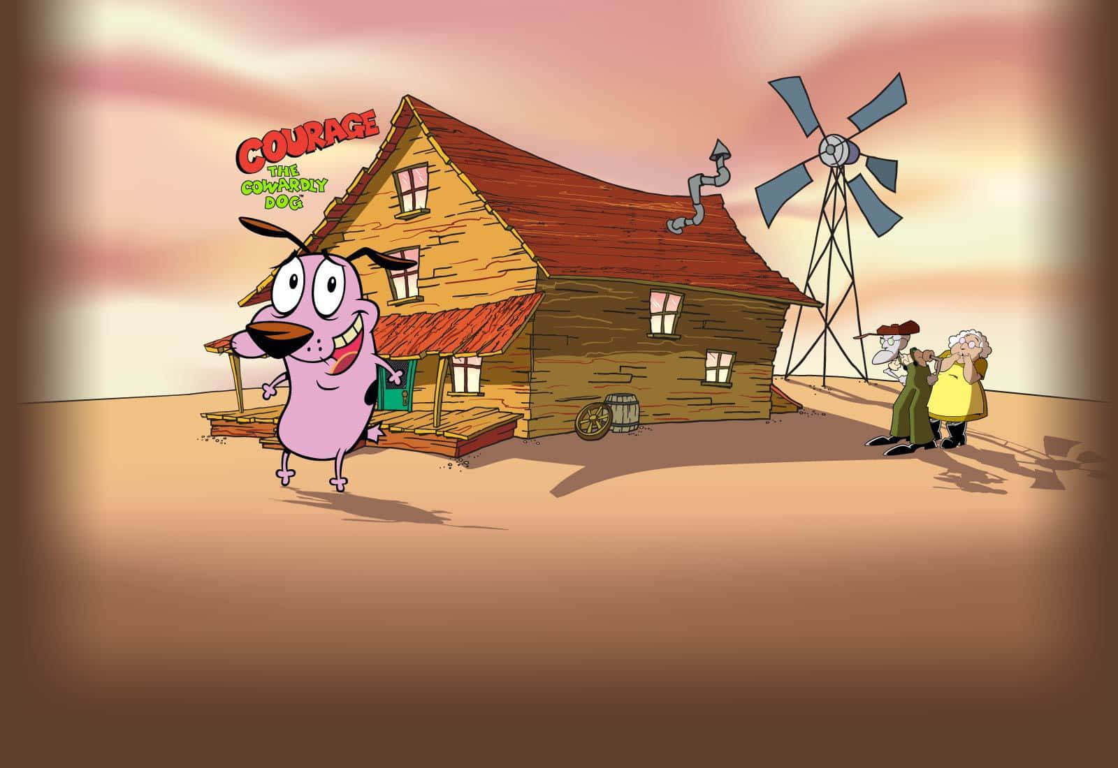courage the cowardly dog 桌布 壁紙 — 一隻開心的粉紅色卡通狗站在質樸的木屋前，背景有風車，溫暖的日落天空下。