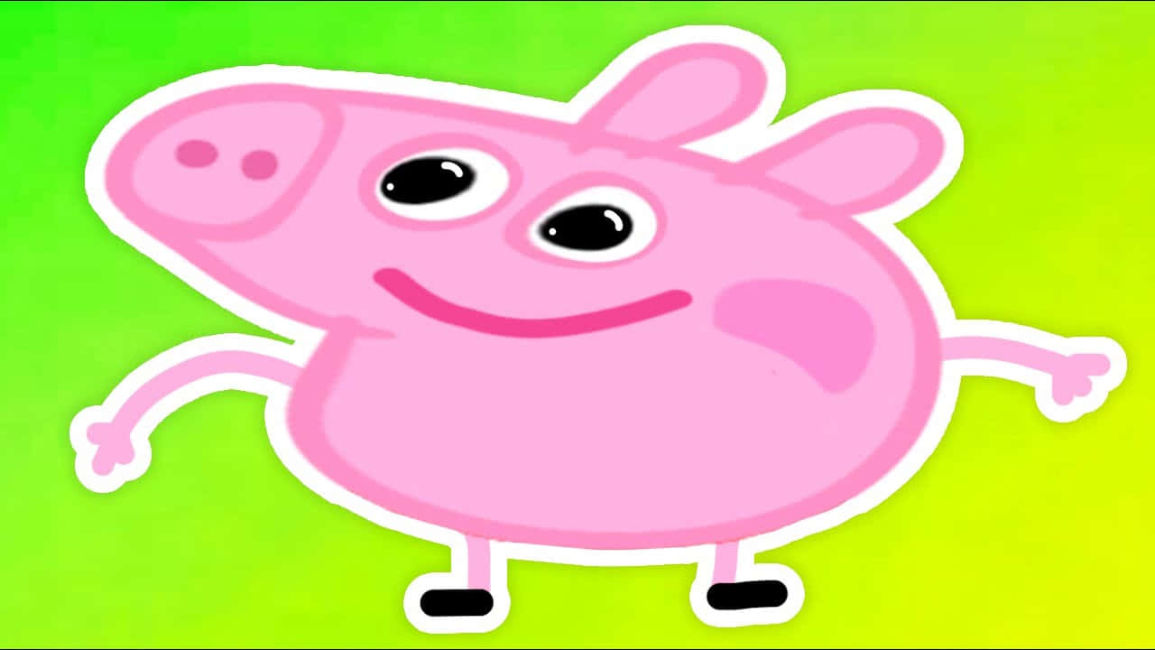 Peppa Pig Funny 桌布 壁紙 — 一隻開心的粉紅色卡通豬，有大眼睛和笑容，站在明亮的綠色漸變背景前。
