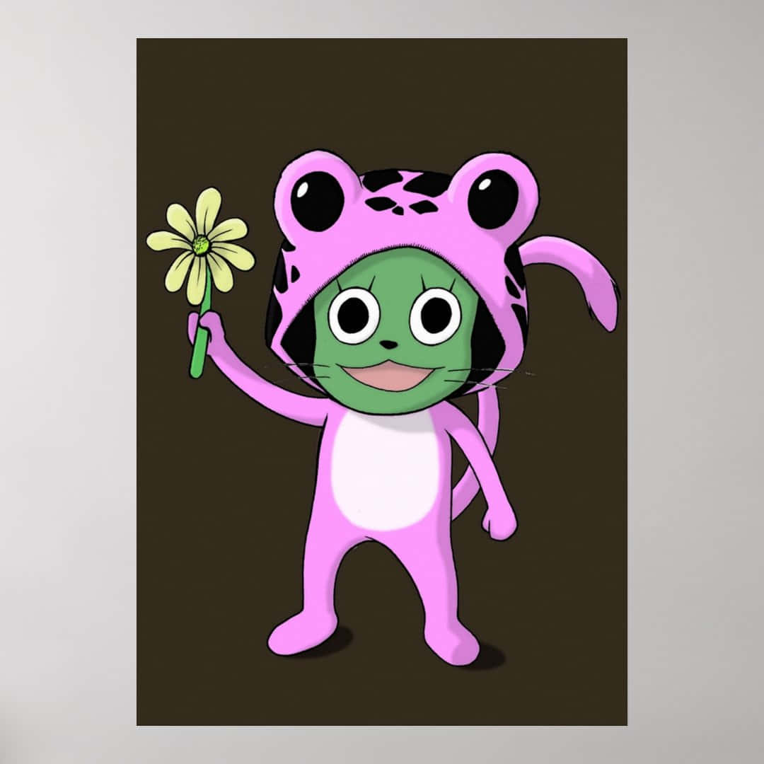 Frosch 桌布 壁紙 — 一隻開心的粉紅色卡通青蛙角色，有大眼睛，在深棕色背景上拿著一朵黃色花。