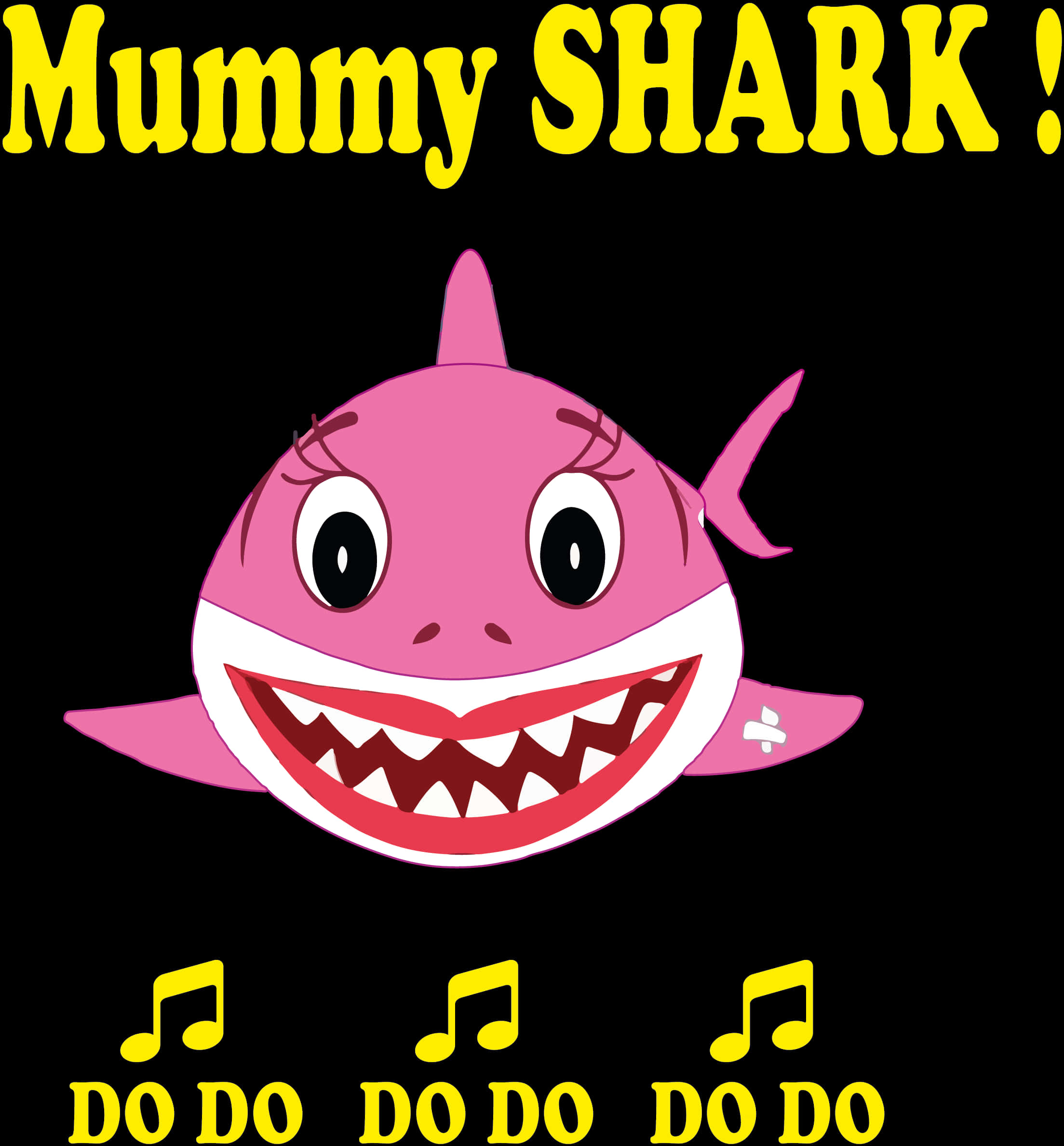 baby shark 桌布 壁紙 — 一隻開心的粉紅色卡通鯊魚，有眼睫毛和寬大的牙齒笑容，在黑色背景上有黃色音符和文字。