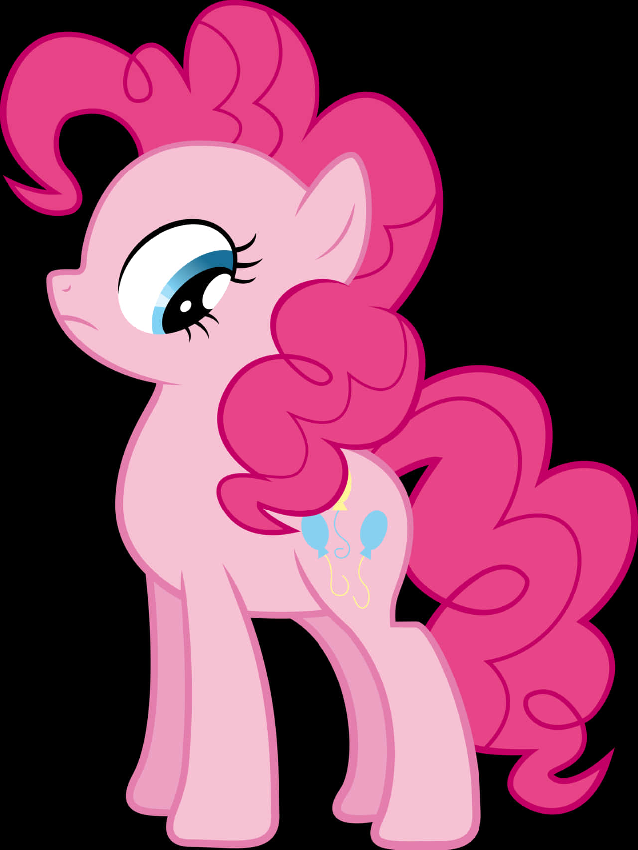 pinkie pie 桌布 壁紙 — 一隻開心的粉紅色小馬，擁有豐盈的鬃毛和尾巴，站在黑色背景前，眼睛大大，表情甜美。