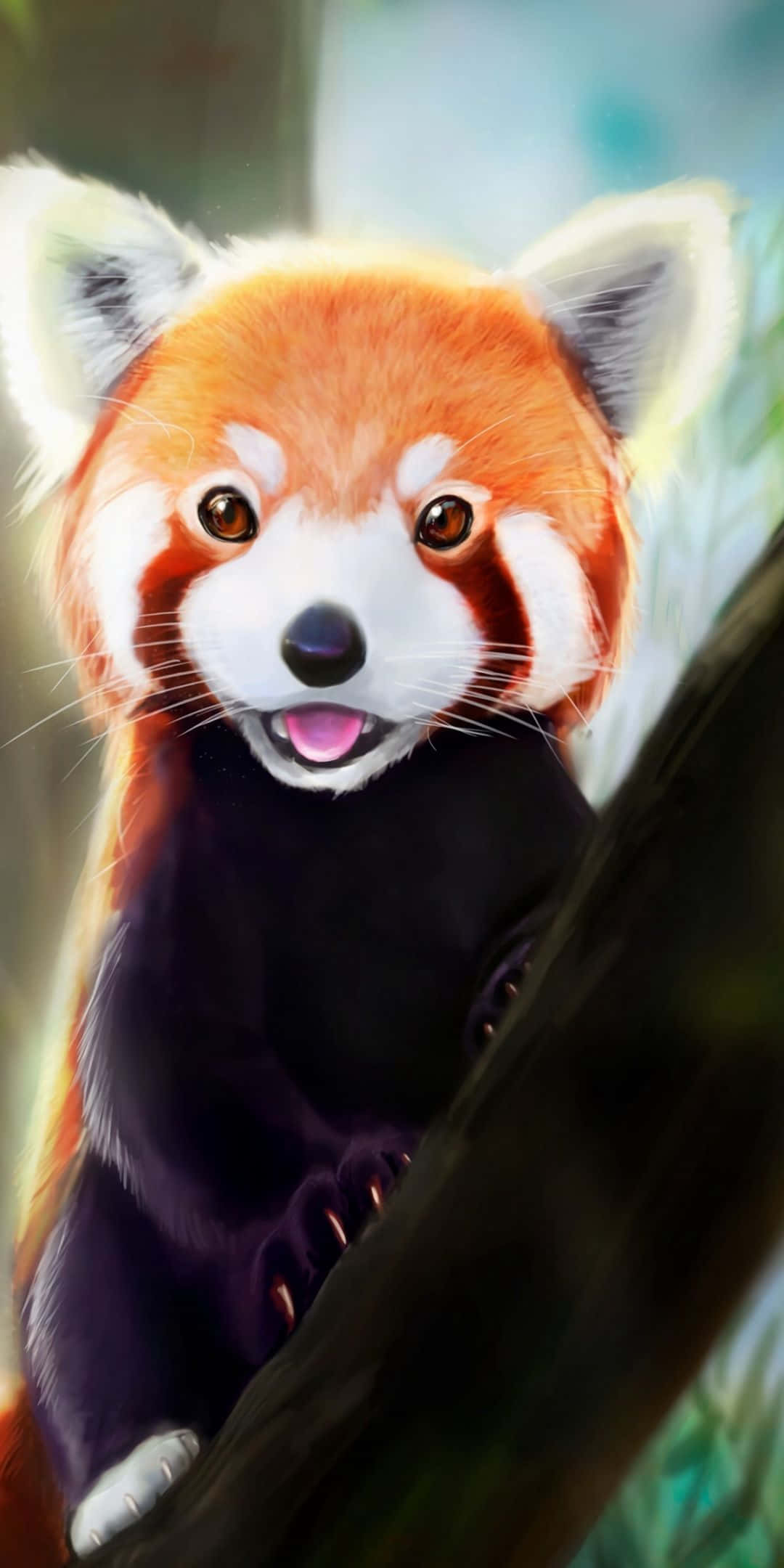 Cute Red Panda 桌布 壁紙 — 一隻開心的紅熊貓，眼睛明亮，舌頭粉紅色，在柔和的森林環境中從樹枝後面頑皮地窺視。