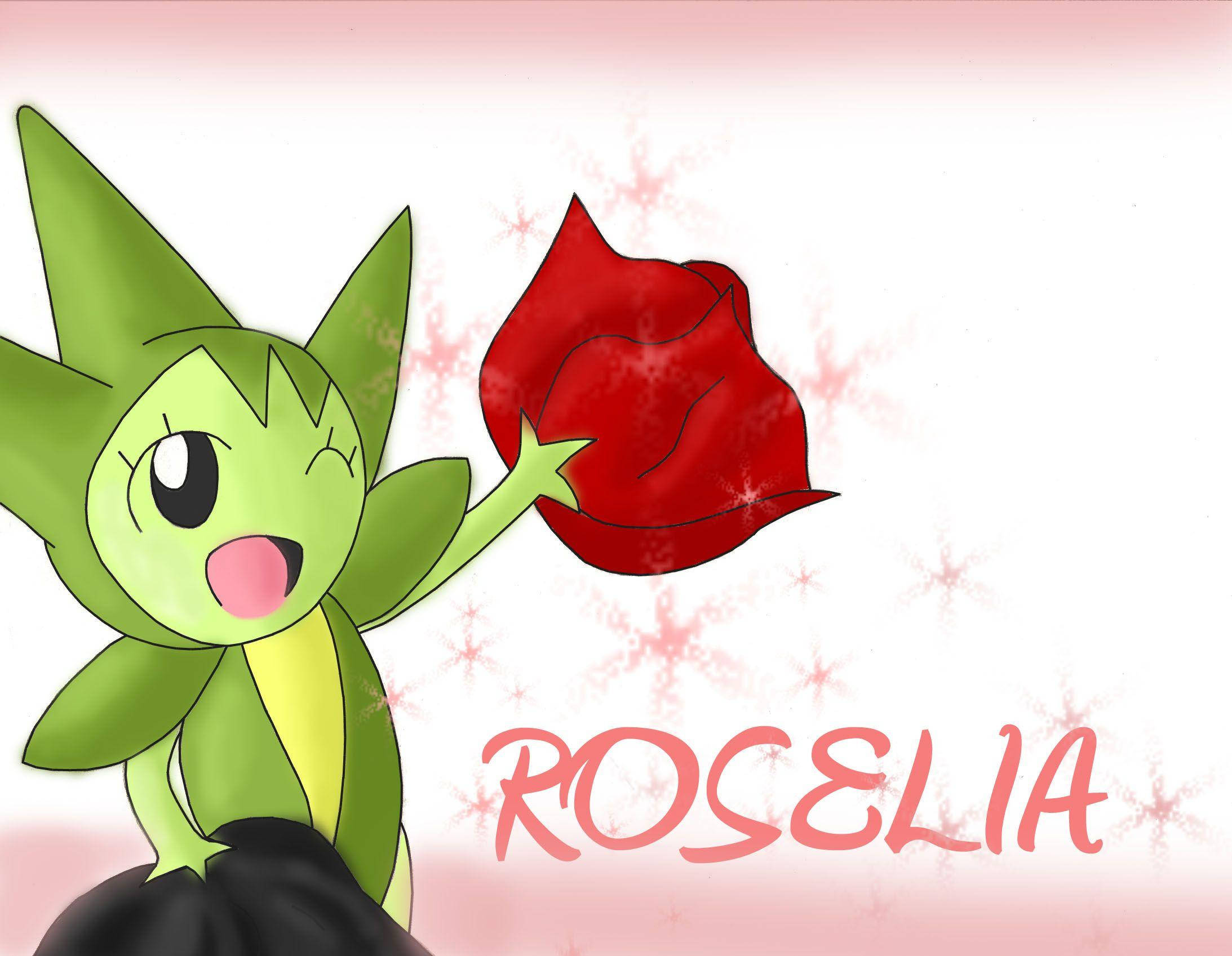 電腦 桌布 壁紙 — 一隻開心的綠色動畫風格 Roselia 在柔和粉紅色背景上，帶著閃光，拿著一朵紅玫瑰。