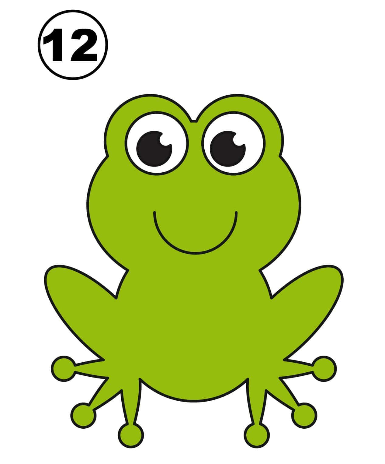 Frog Drawing 桌布 壁紙 — 一隻開心的綠色卡通青蛙，有大眼睛和笑容，站在純白色背景前面。