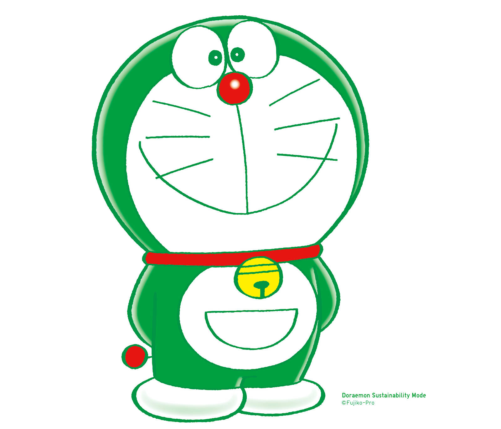 doraemon 4K 桌布 壁紙 — 一隻開心的綠色哆啦A夢，紅色鼻子和鈴鐺，在白色背景前微笑站著。
