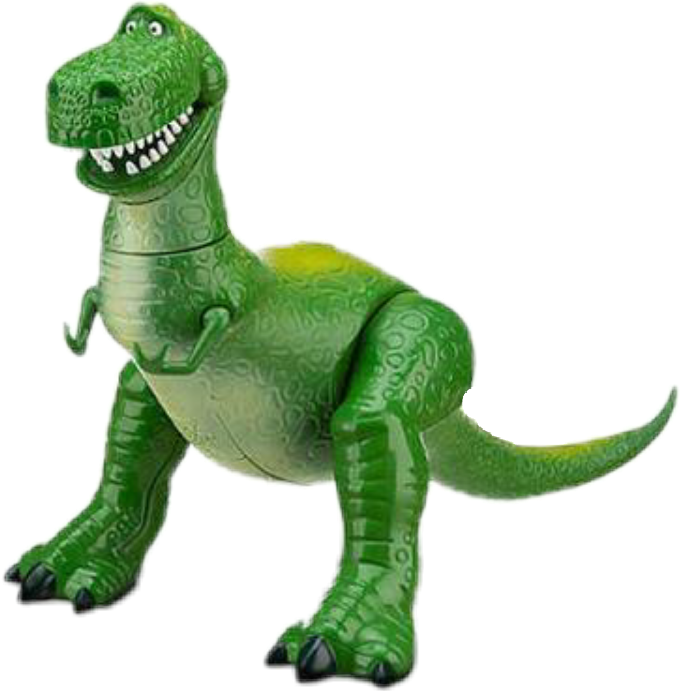 T Rex Dinosaur 桌布 壁紙 — 一隻開心的綠色塑膠玩具恐龍，露出寬闊的牙齒笑容，皮膚有紋理，站在純白色背景前面。