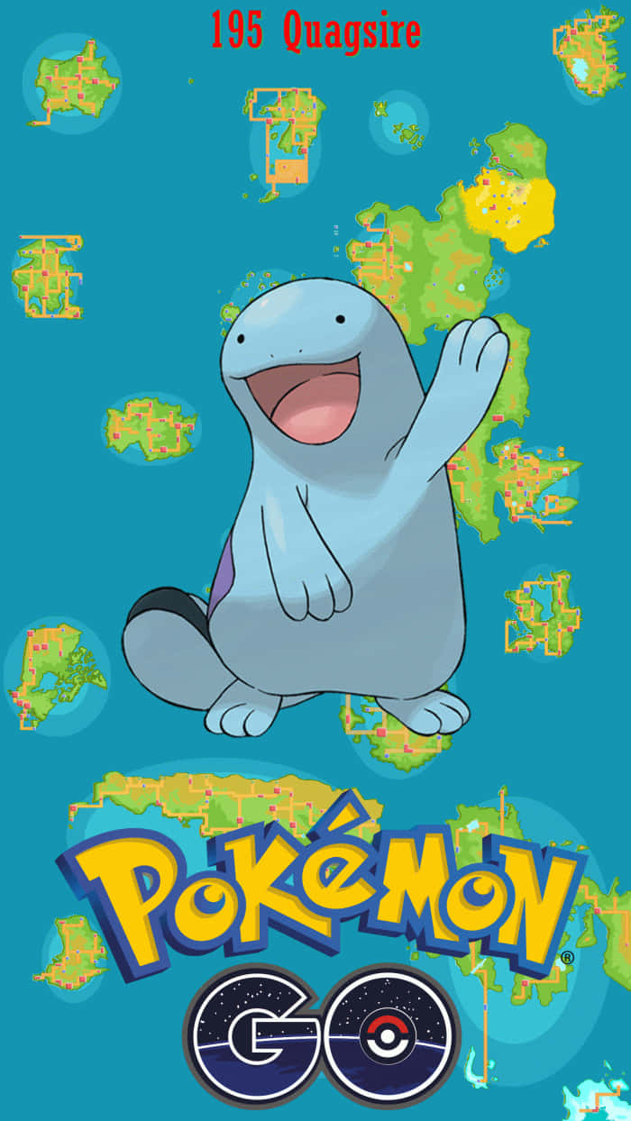 高清 桌布 壁紙 — 一隻開心的藍色 Quagsire 在充滿漂浮 Pokémon GO 地圖碎片的青綠色背景上愉快地揮手。