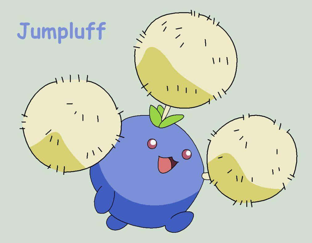 寶可夢 桌布 壁紙 — 一隻開心的藍色Jumpluff，帶有蓬鬆的奶油色絨球和頭上的綠色葉子，在淡綠色背景上快樂地微笑。