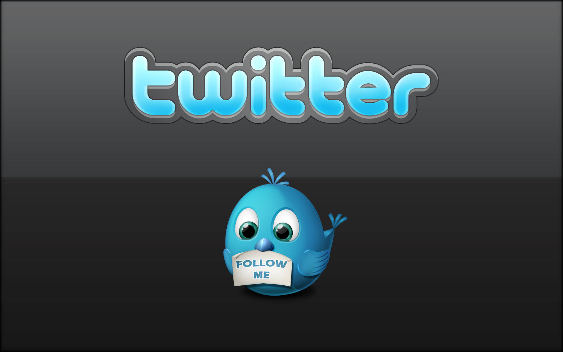 Twitter 桌布 壁紙 — 一隻開心的藍色Twitter鳥在深色漸變背景前舉著一個寫著「關注我」的牌子。