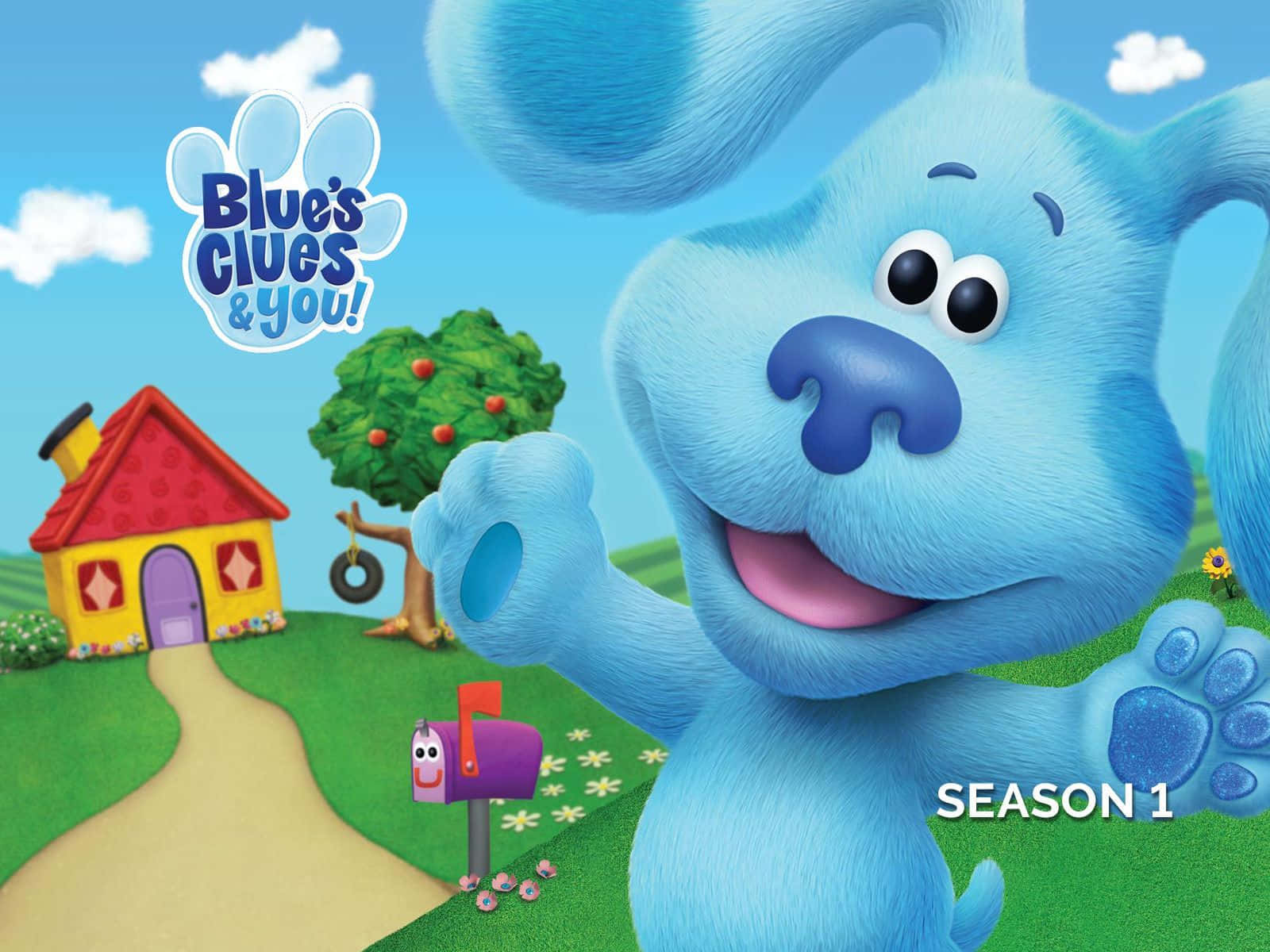 blue's clues 桌布 壁紙 — 一隻開心的藍色動畫狗在陽光明媚的郊區庭院裡揮手，旁邊有色彩繽紛的房子和微笑的郵箱。