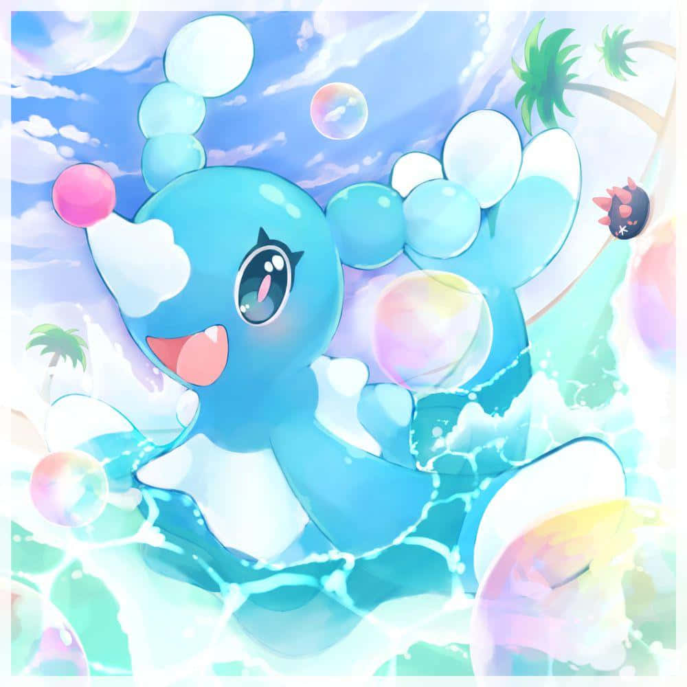 Pokemon Aesthetic 桌布 壁紙 — 一隻開心的藍色動畫風格寶可夢在明亮天空下，被彩色泡泡和棕櫚樹環繞著潑水。