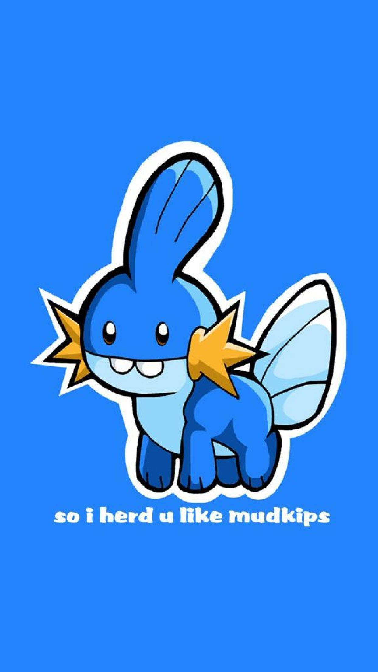 寶可夢 桌布 壁紙 — 一隻開心的藍色卡通Mudkip，有星形臉頰和翅膀，在純藍色背景上微笑，下方有文字。