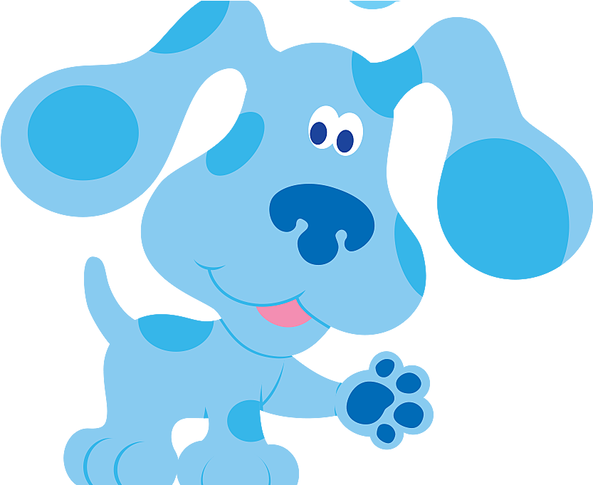 Blues Clues 桌布 壁紙 — 一隻開心的藍色卡通狗，有大眼睛和笑臉，在黑色背景前用一隻爪子揮手。