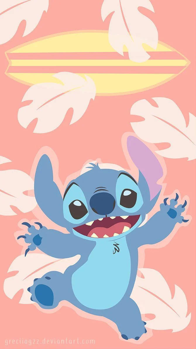 kawaii stitch 桌布 壁紙 — 一隻開心的藍色史迪奇在粉紅色背景上，襯著白色熱帶樹葉和黃色衝浪板，歡快地跳躍。