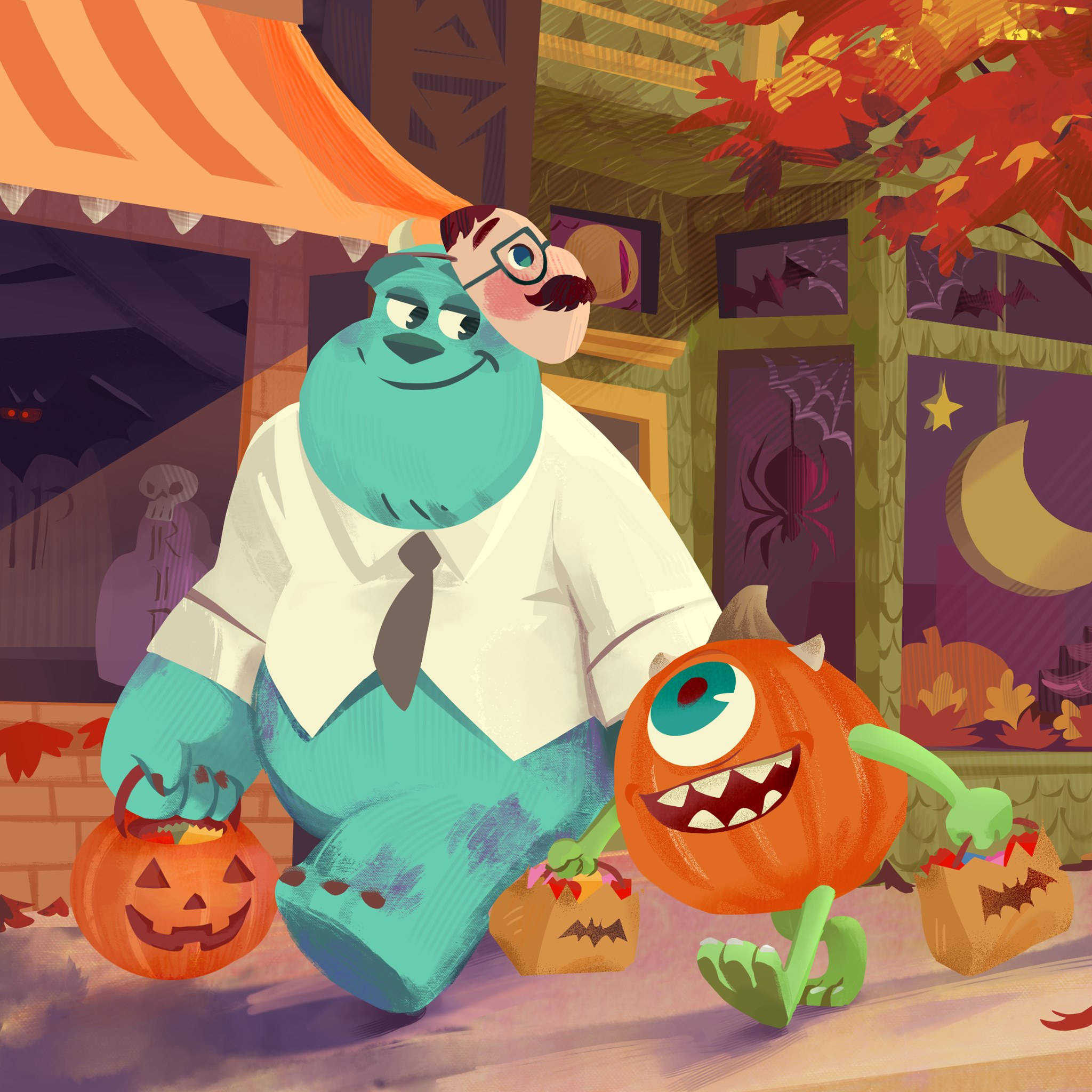 sulley 桌布 壁紙 — 一隻開心的藍色怪物和一隻單眼橙色南瓜怪物在秋天的樹葉和彎月下一起玩不給糖就搗蛋。