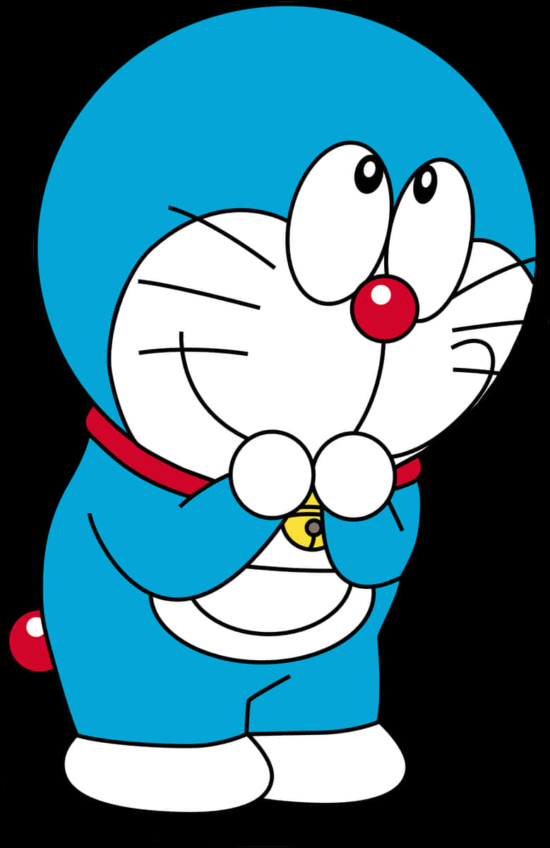 Doraemon 桌布 壁紙 — 一隻開心的藍色機器貓，有大眼睛和紅色鼻子，在黑色背景前合掌。