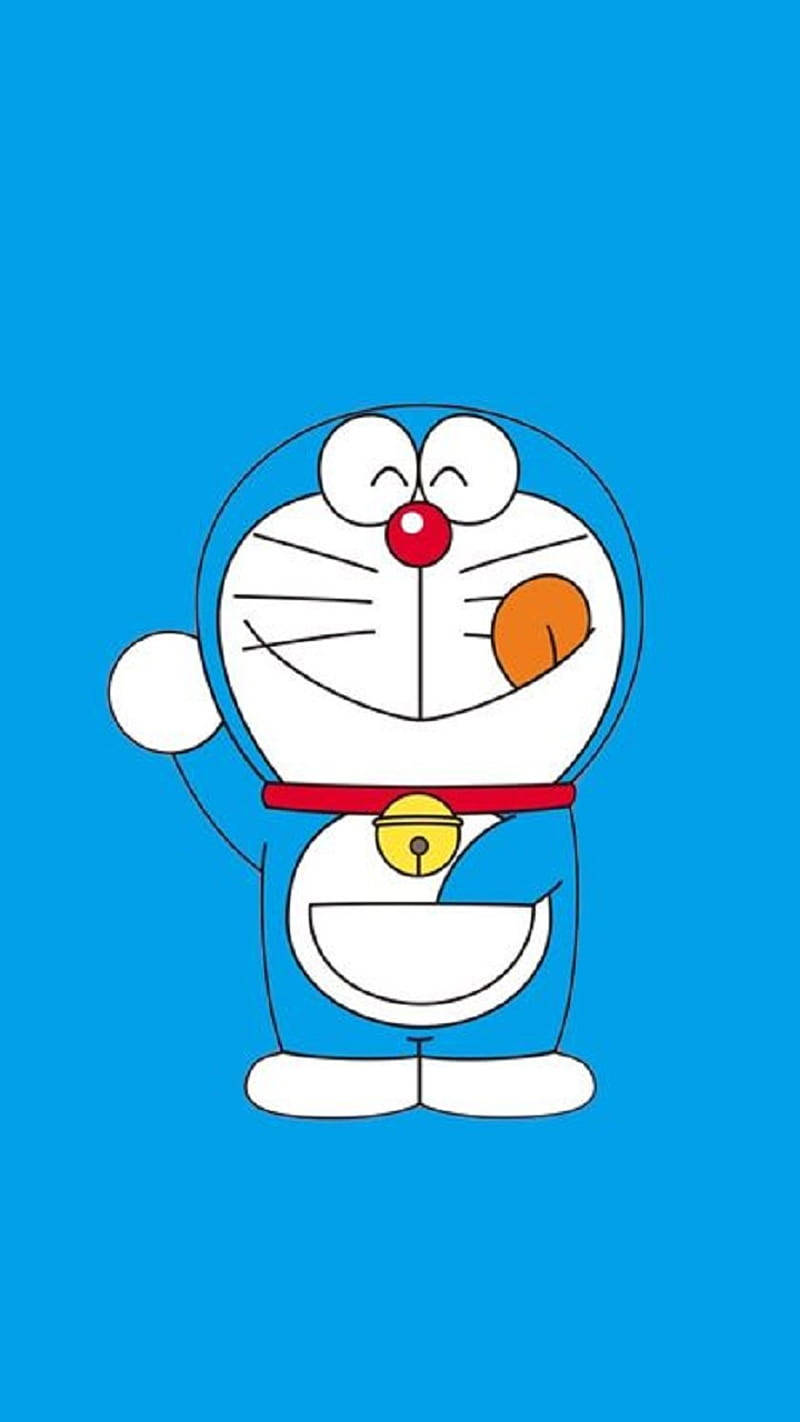 doraemon 4K 桌布 壁紙 — 一隻開心的藍色機器貓，有紅色鼻子和鈴鐺，在純藍色背景上開心地揮手。
