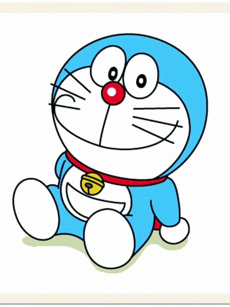 Doraemon 桌布 壁紙 — 一隻開心的藍色機器貓，紅鼻子白肚子，坐在純色背景前微笑。
