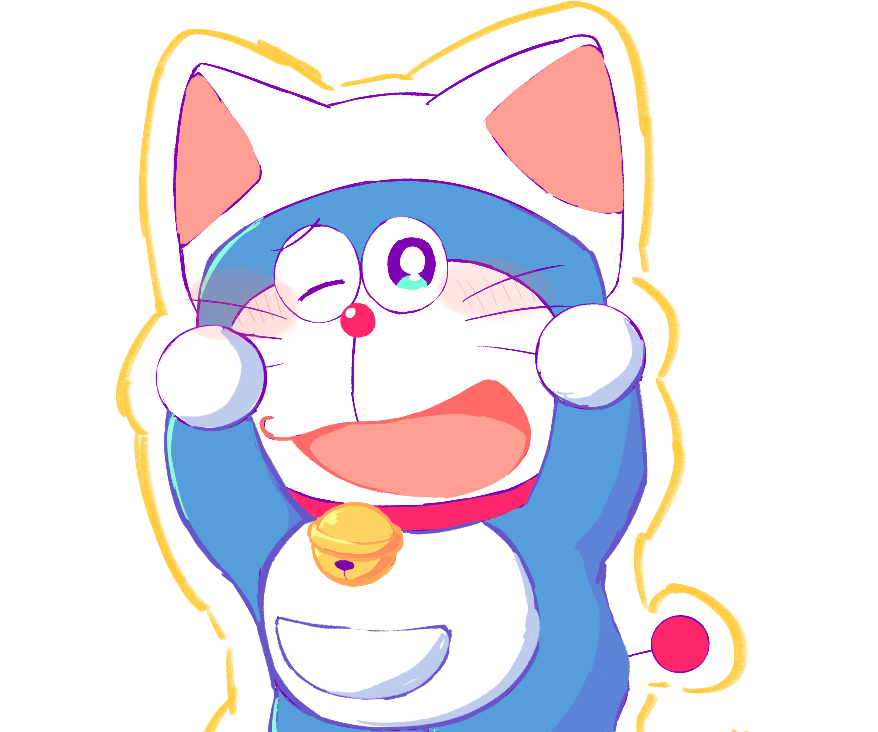 Cute Doraemon 桌布 壁紙 — 一隻開心的藍色貓型機器人，單眼微笑，戴著紅色項圈和金色鈴鐺。