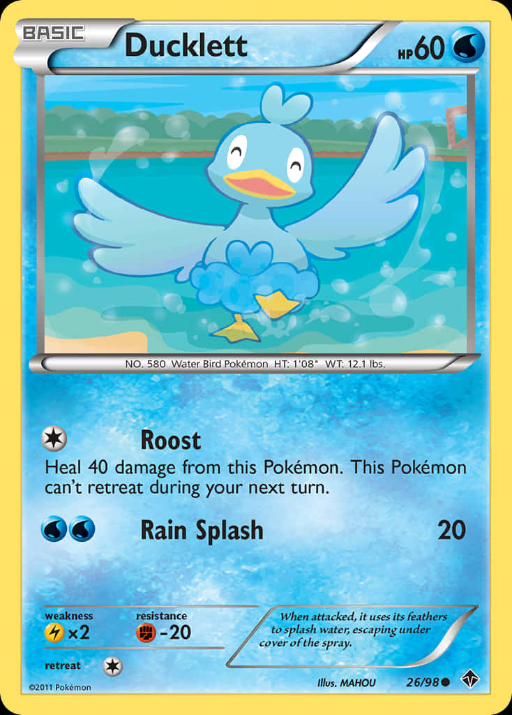 Pokemon Card 桌布 壁紙 — 一隻開心的藍色鴨子狀寶可夢展開翅膀，在陽光普照的天空下於充滿活力的藍綠色水中潑水。