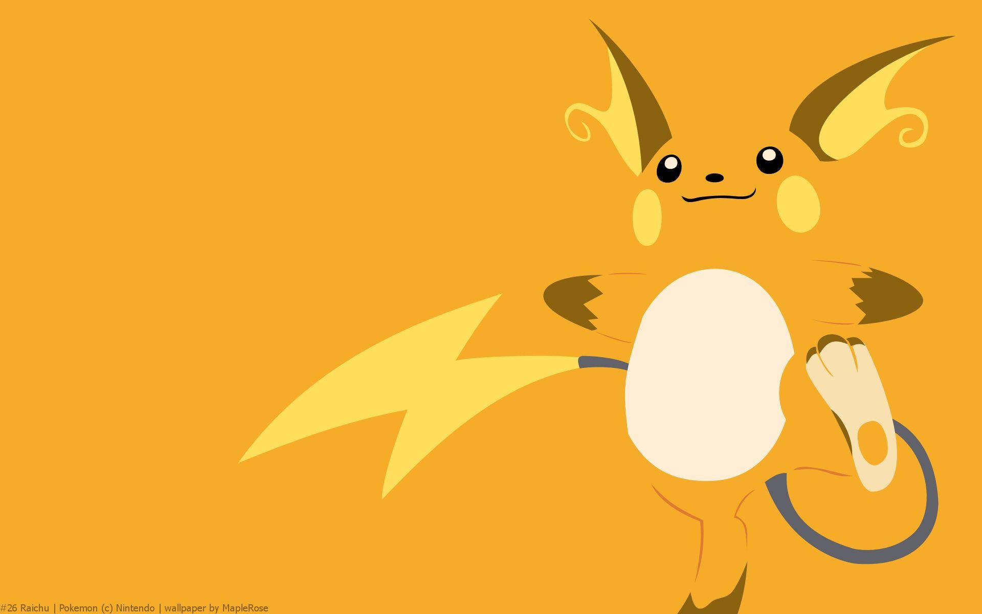Raichu 桌布 壁紙 — 一隻開心的雷丘站在純橙色背景前，有閃電尾巴和捲曲的耳朵。