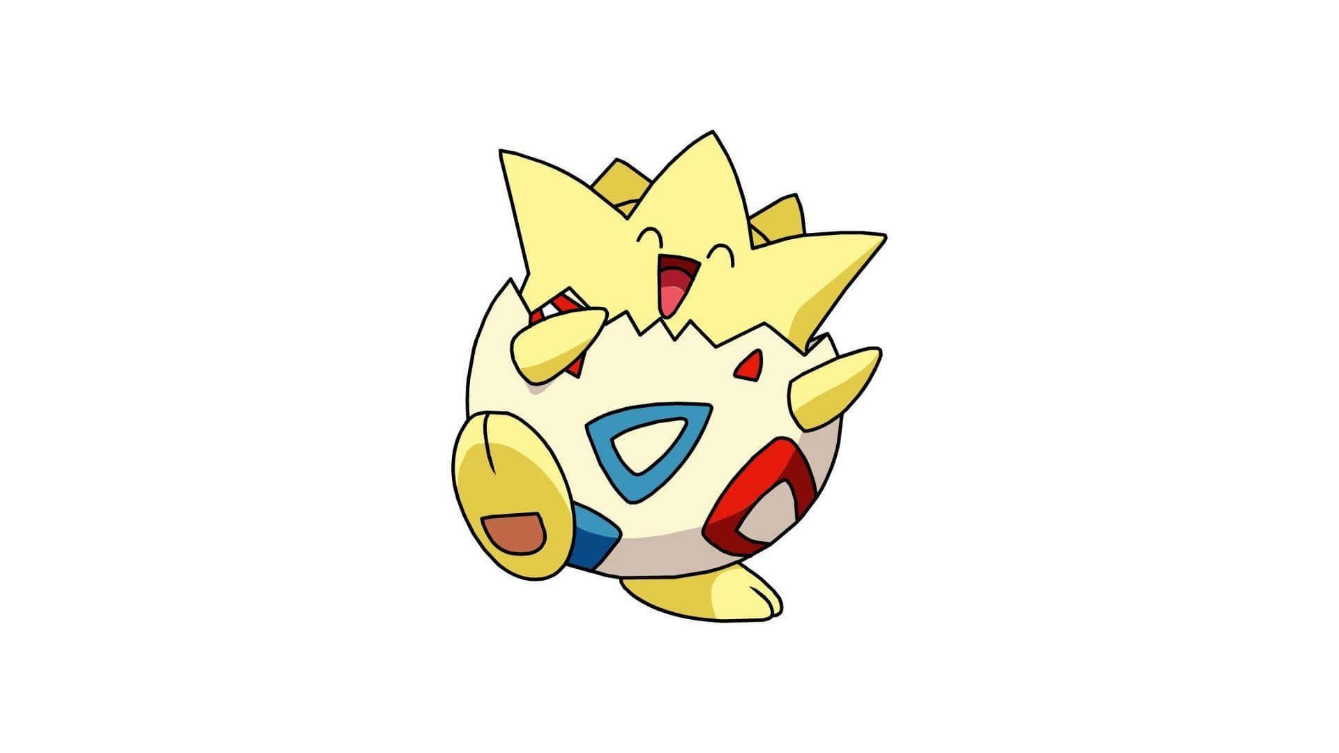 Pokemon Characters 桌布 壁紙 — 一隻開心的黃白色動漫風格寶可夢，頭戴尖刺頭飾，紅色眼睛，在純白背景前微笑。