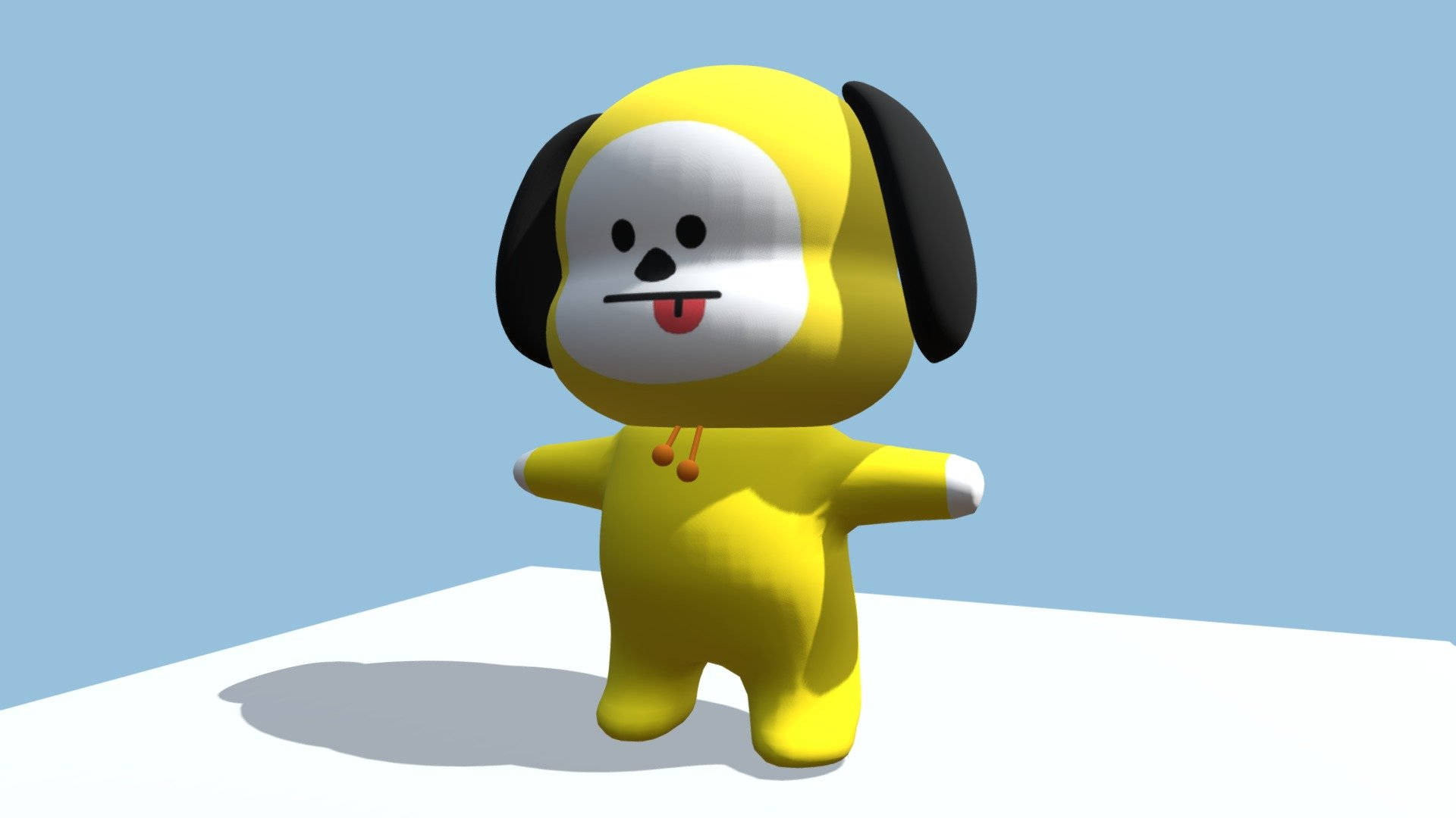 Chimmy 桌布 壁紙 — 一隻開心的黃色3D渲染狗角色，黑色耳朵和伸出舌頭，站在白色平台上，背景是淺藍色。