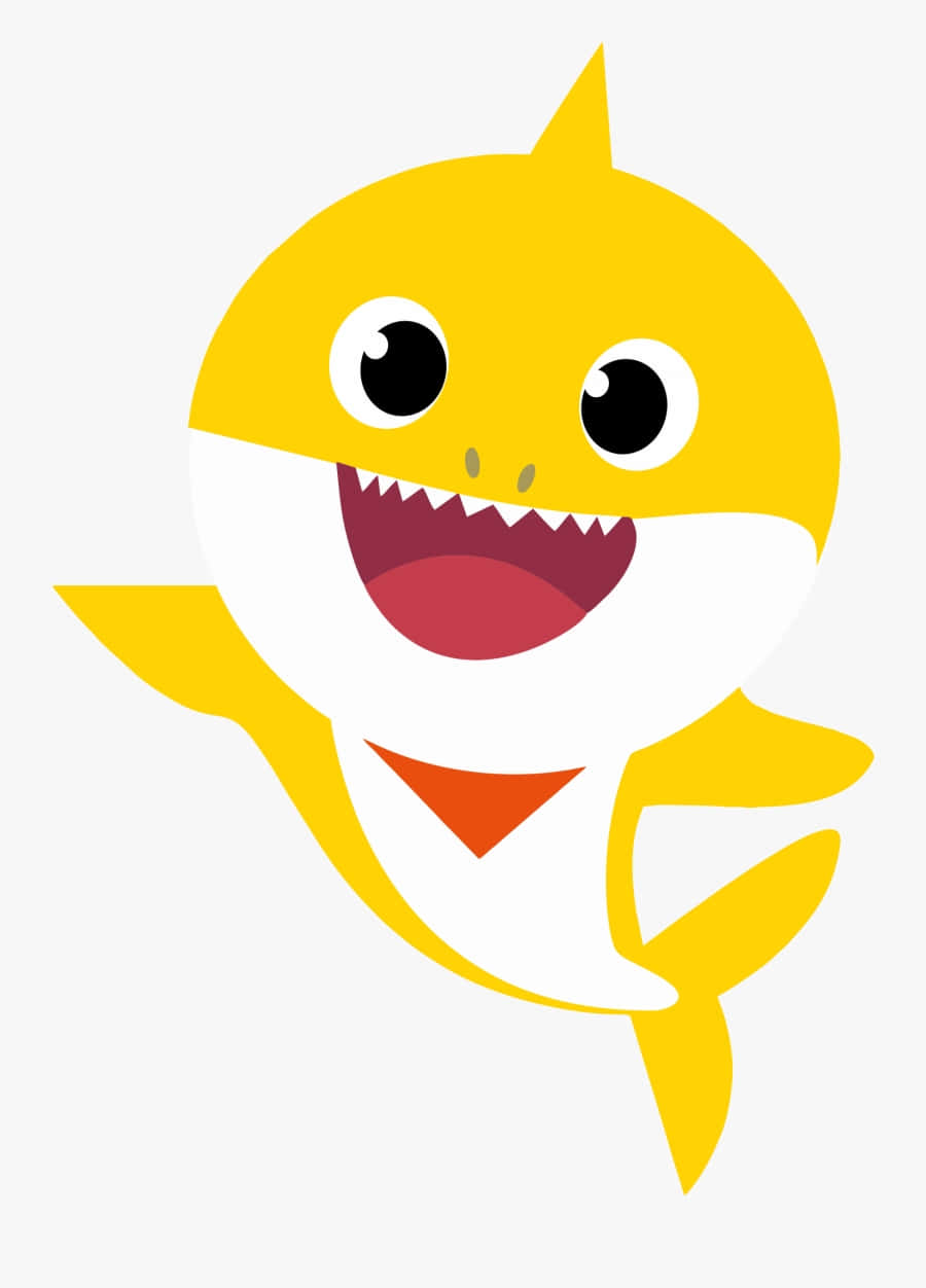 baby shark 桌布 壁紙 — 一隻開心的黃色卡通鯊魚，有大眼睛和寬闊的露齒笑容，在純色背景上快樂地游泳。