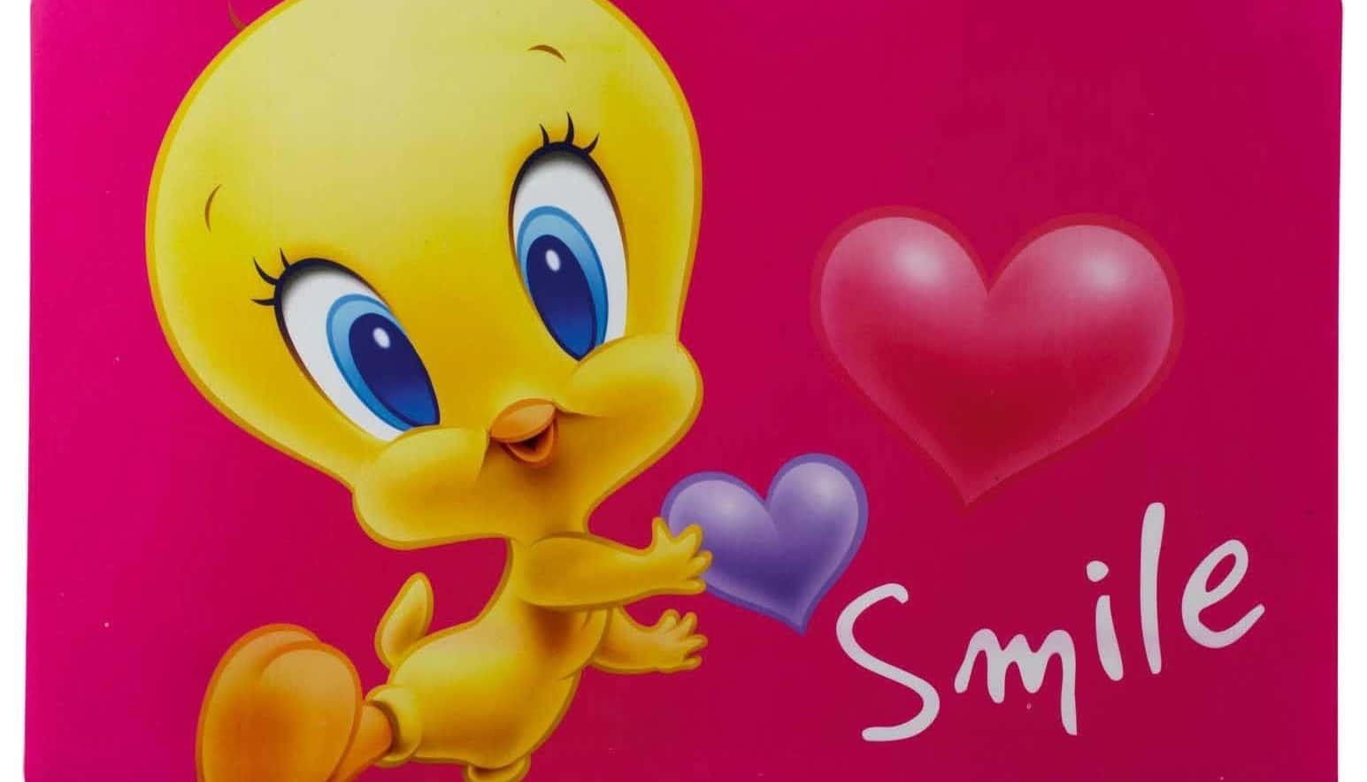 Tweety Bird 桌布 壁紙 — 一隻開心的黃色卡通鳥在充滿活力的粉紅色背景上，拿著一個紫色心形，旁邊有一個更大的紅色心形，上面寫著「微笑」。