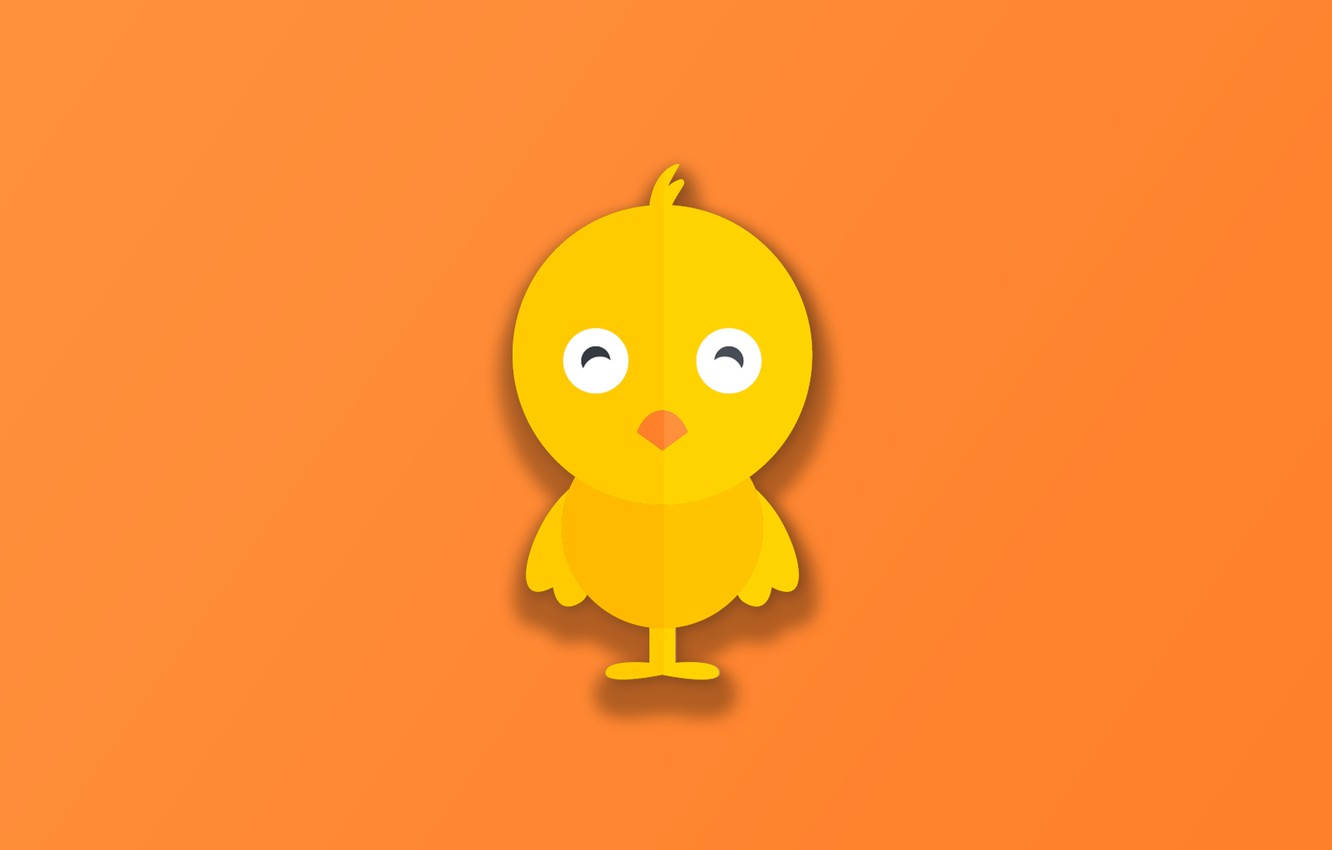 chicks 桌布 壁紙 — 一隻開心的黃色小雞，有大眼睛，站在純橙色背景的中央。