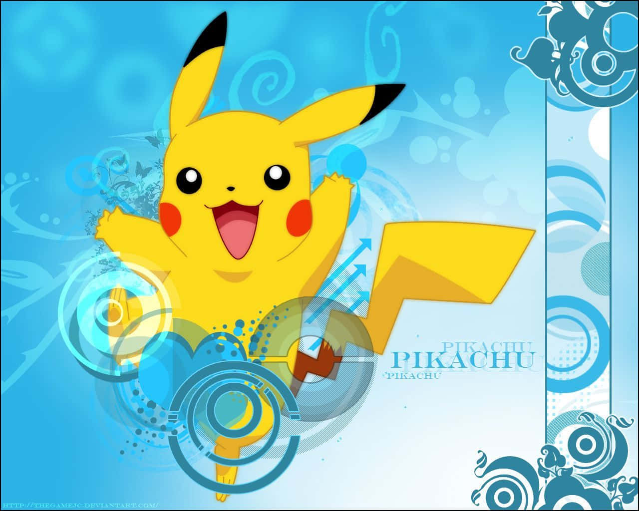Pokémon 手機 桌布 壁紙 — 一隻開心的黃色皮卡丘在充滿數位電路圖案的鮮豔藍色漩渦背景上歡快地跳躍。