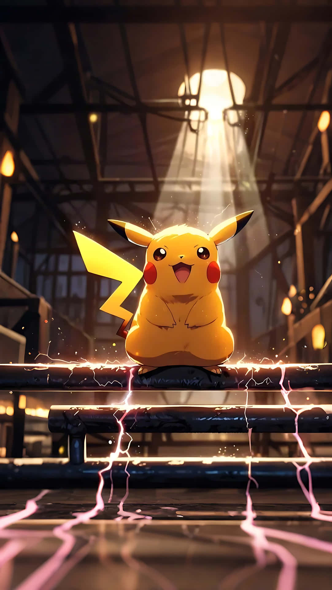 Pikachu's Electric Charm - Cute, Playful, and Bold. smartphone wallpaper 壁紙 — 一隻開心的黃色皮卡丘坐在昏暗工業倉庫的欄杆上，在聚光燈下閃爍著電火花。