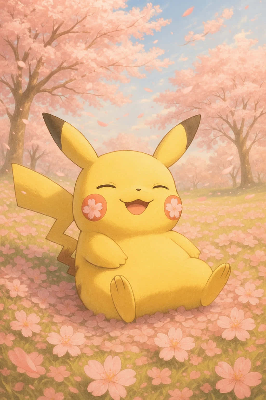 Pikachu HD Wallpaper WEBP 4K Background Download 壁紙 — 一隻開心的黃色皮卡丘坐在粉紅櫻花田中，天空柔和藍色。