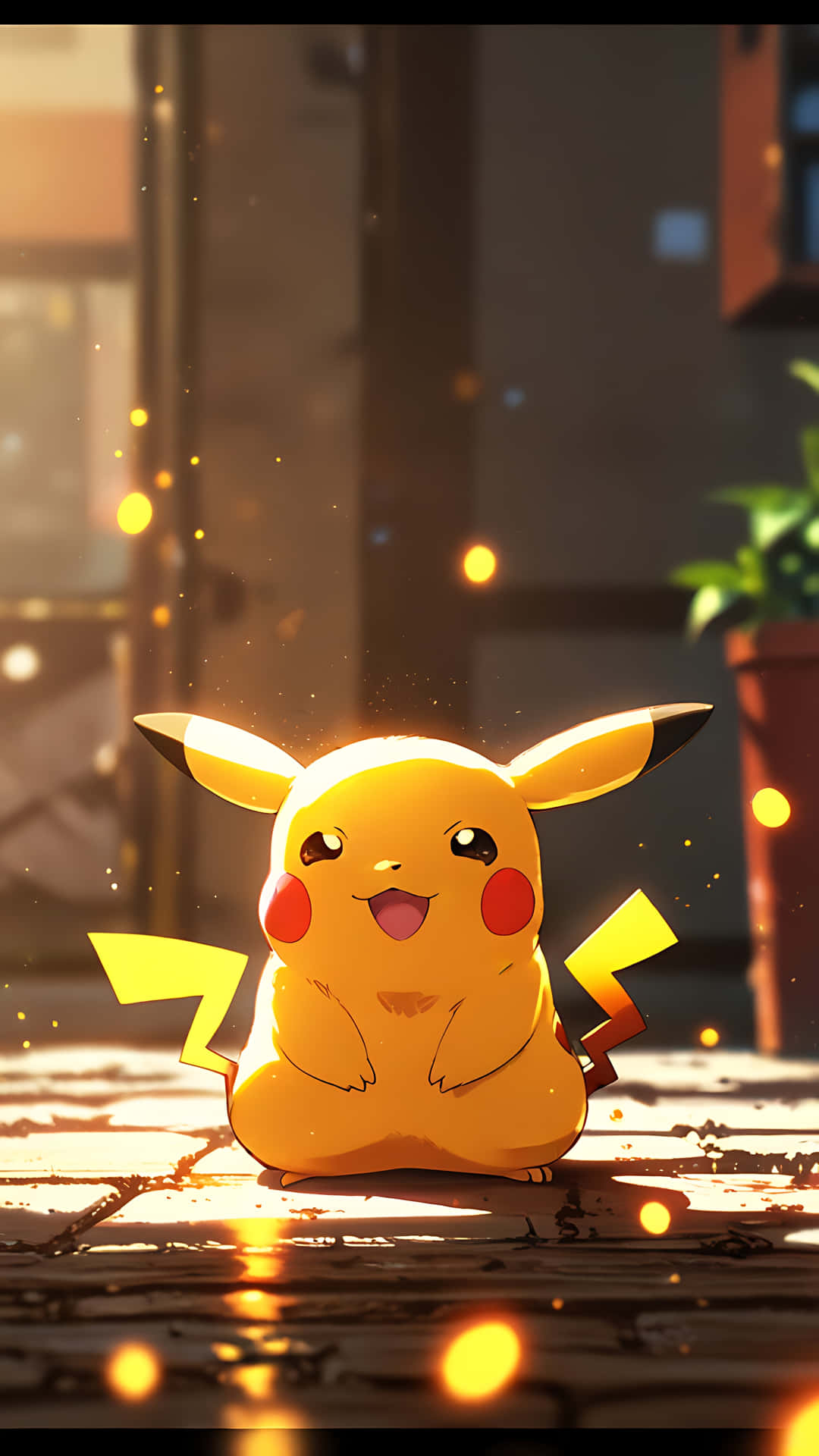 Pikachu's Sunshine Smile - Bright and Adorable. smartphone wallpaper 壁紙 — 一隻開心的黃色皮卡丘坐在陽光照射的木地板上，周圍有發光的金色閃爍，在溫暖的室內環境中。