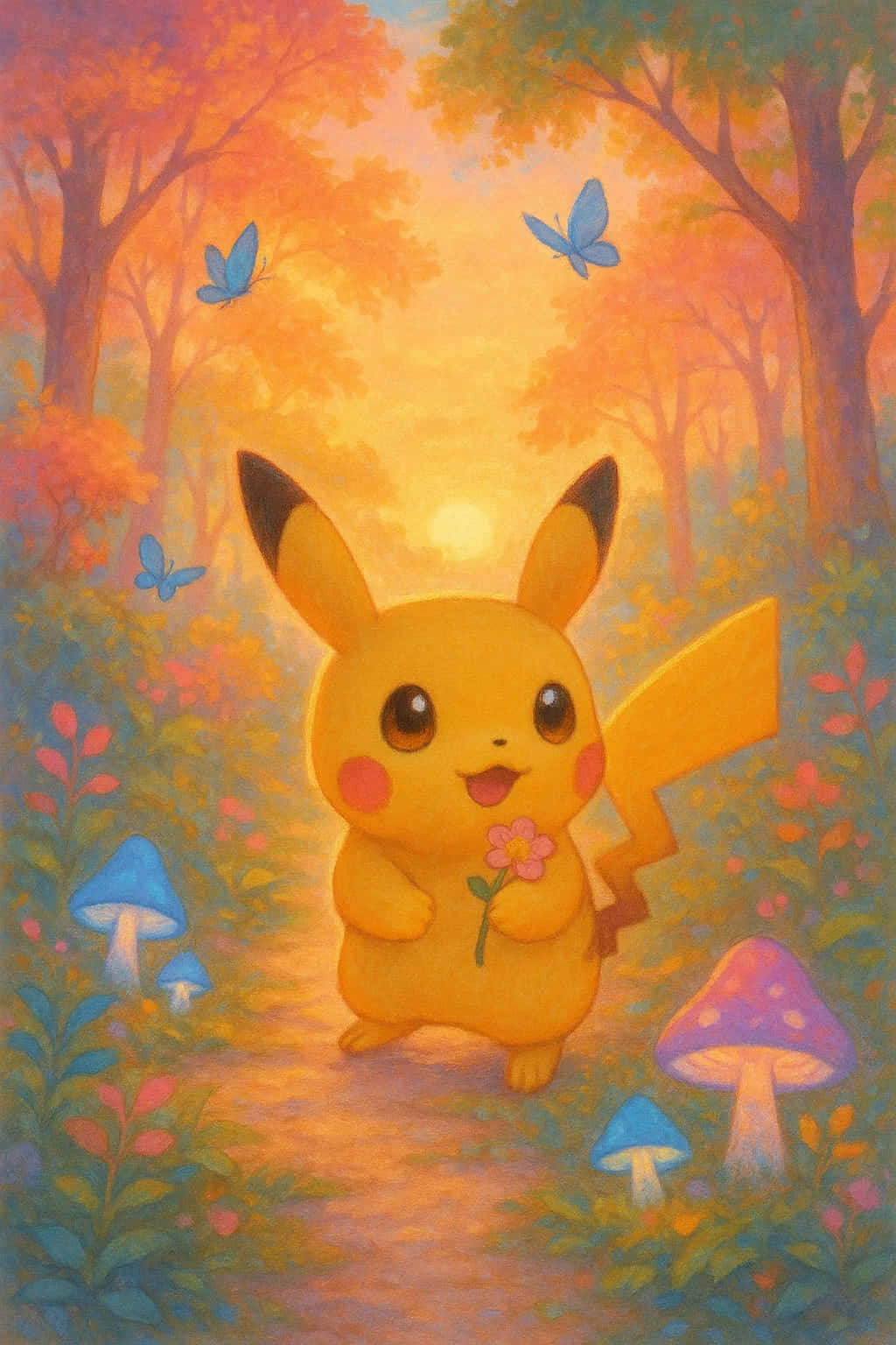 Pikachu HD Wallpaper WEBP 4K Background Download 壁紙 — 一隻開心的黃色皮卡丘拿著一朵粉紅色的花，在陽光明媚的森林中行走，周圍有藍色蝴蝶和色彩繽紛的蘑菇。