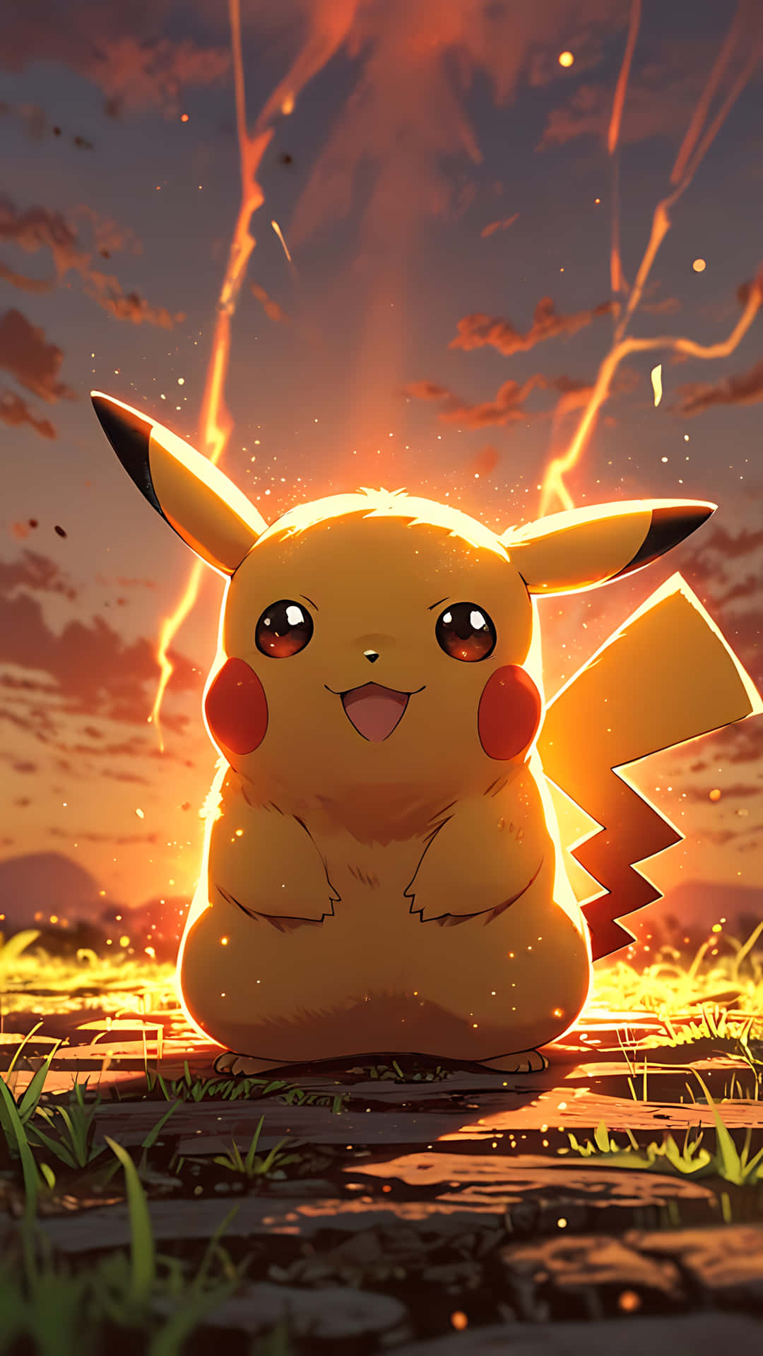 Pikachu's Emotional Spark - Adorable to Fiery. pikachus wallpaper 壁紙 — 一隻開心的黃色皮卡丘站在草地上，閃電在它周圍劈啪作響，背景是火紅的日落天空。