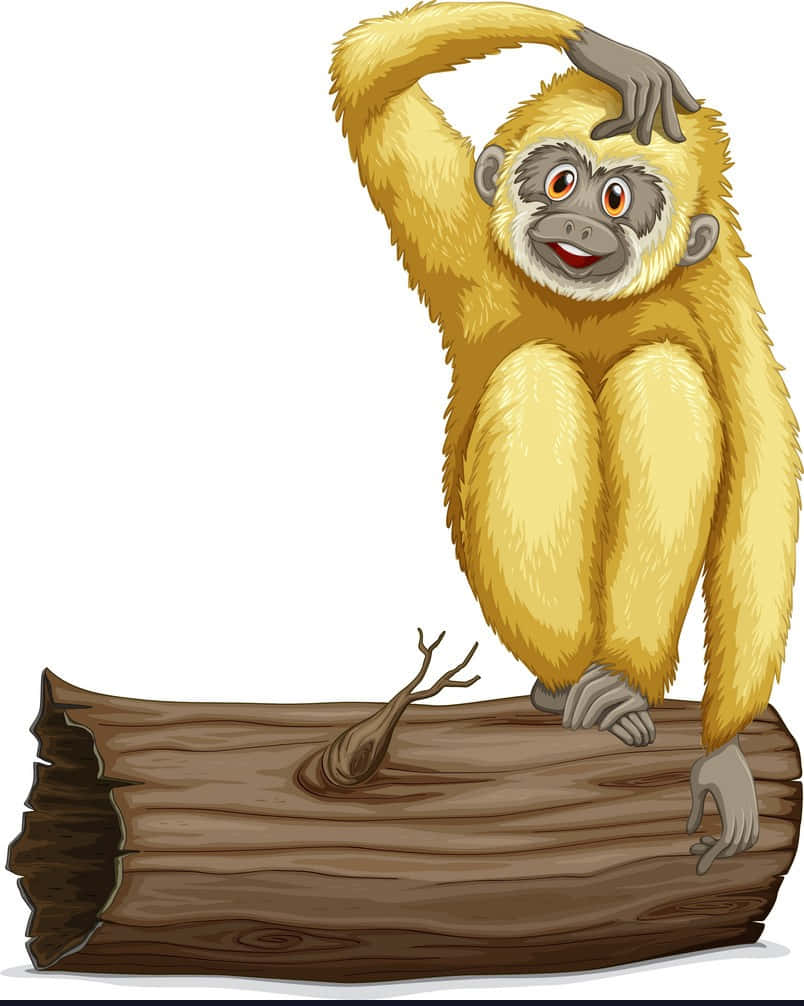 Ape 桌布 壁紙 — 一隻開心的黃色長臂猿，有大眼睛，坐在木頭上，一隻手放在頭上，擺出一個有趣的姿勢。