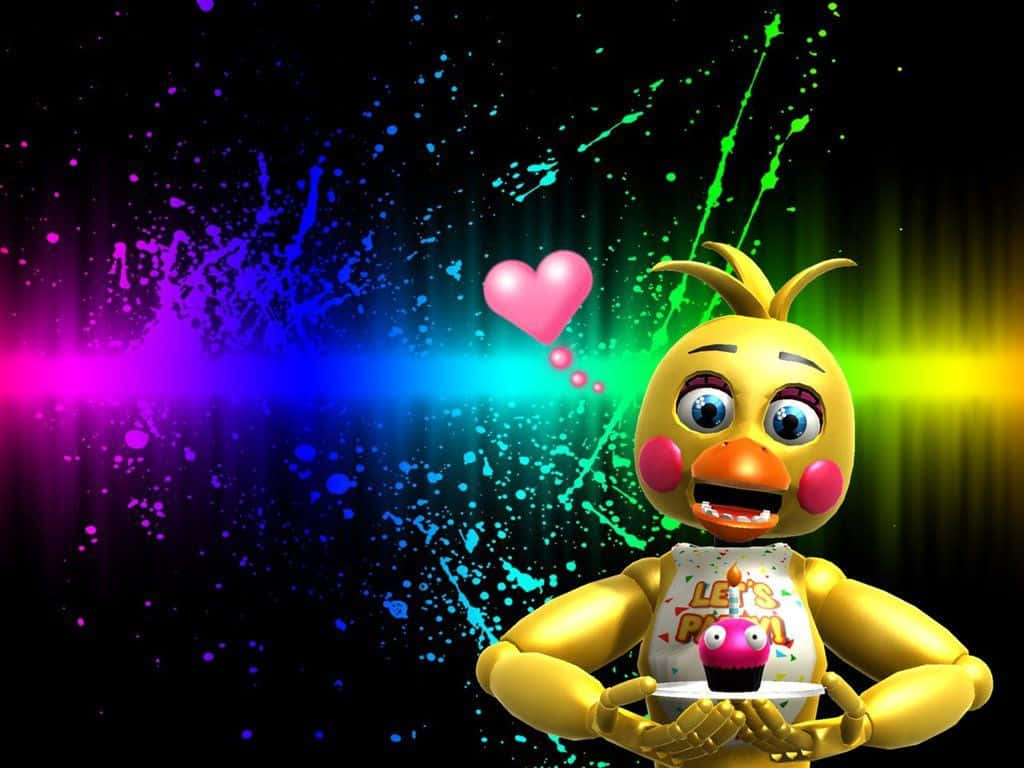 Chica The Chicken 桌布 壁紙 — 一隻開心的黃色電子雞拿著一個插著一根蠟燭的杯子蛋糕，背景是充滿活力的霓虹潑濺效果。